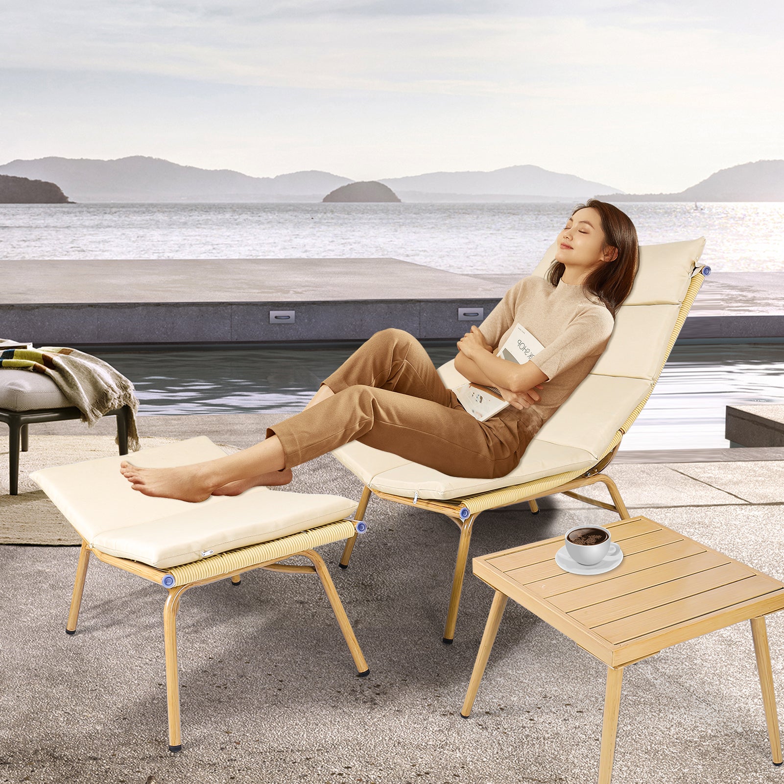 Chaise Lounge Chair With Table For Outdoor Indoor Wood Color Alloy Frame 380Lbs Capacity With Cushion Recliner For Camping Gaming Lunch Break Garden Party Sunbathing Gold Brown Rattan Metal