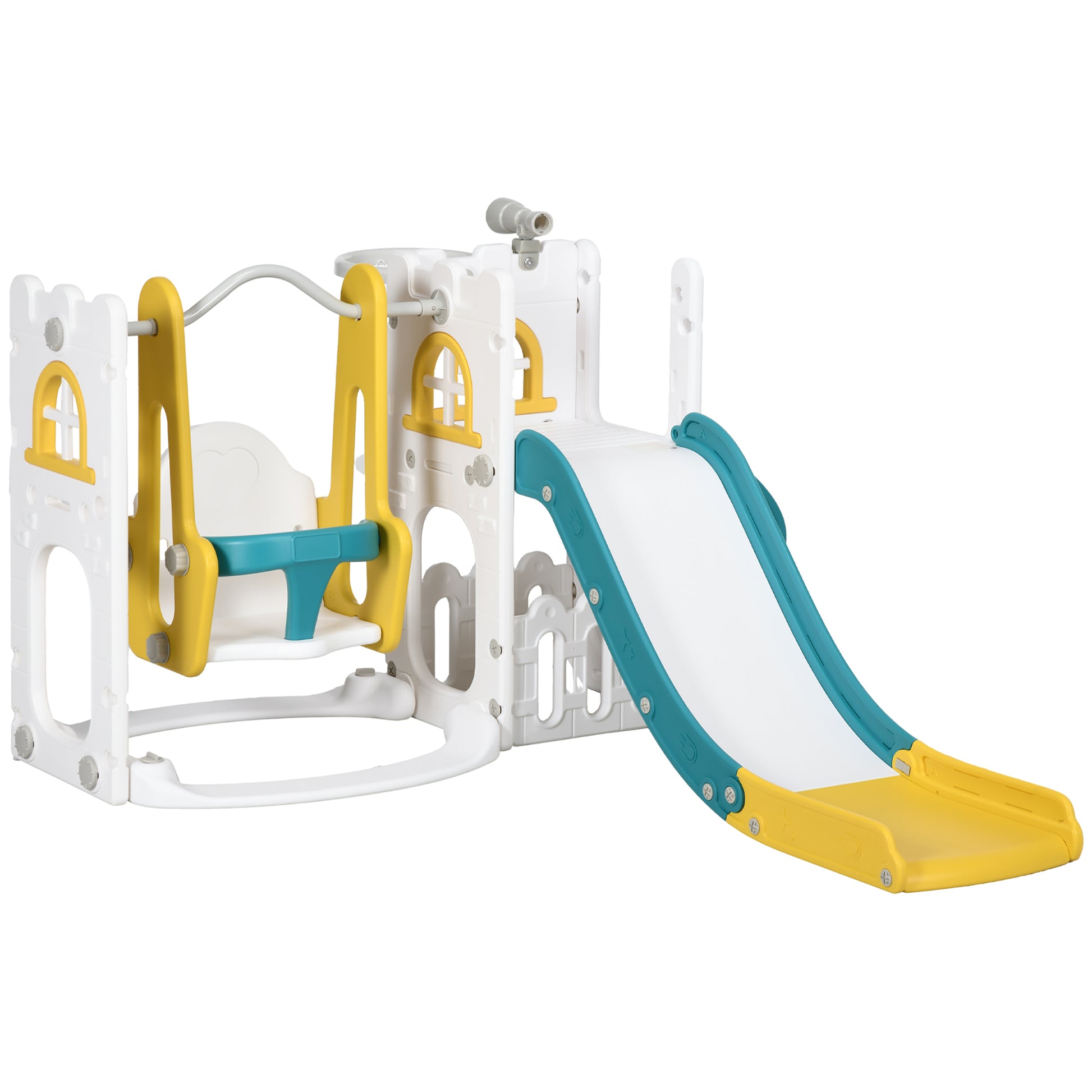 Qaba 6 In 1 Toddler Slide And Swing Set, Baby Slide For Age 1 3 Years With Basketball Hoop, Climber, Storage Space, Telescope, Indoor Playground, Yellow Yellow Plastic