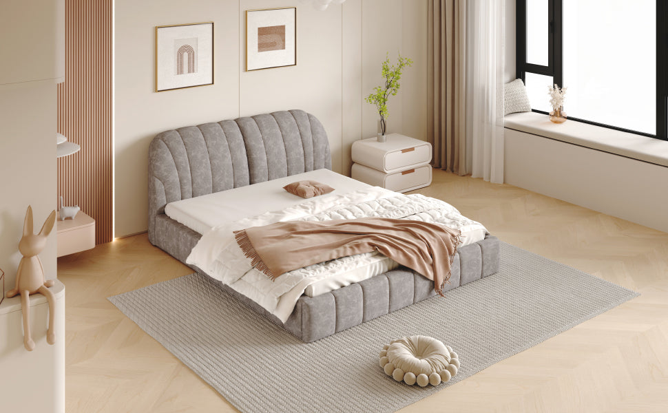 Queen Size Upholstered Platform Bed With Thick Fabric, Polyester, Gray Queen Gray Polyester