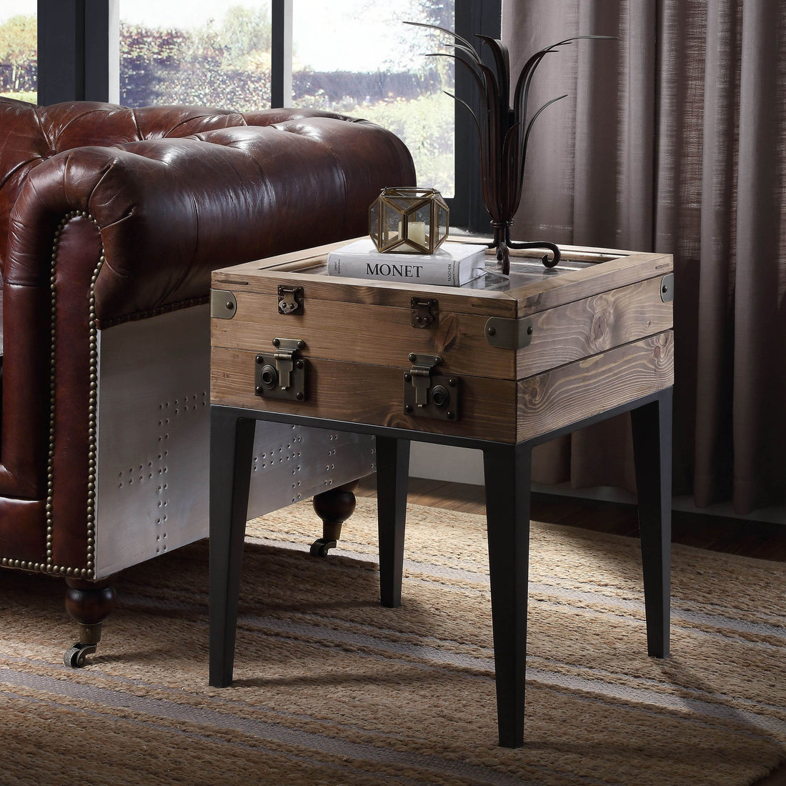 Rustic Oak And Matte Grey Accent Table With Tapered Leg Rustic Primary Living Space Square Wood Metal