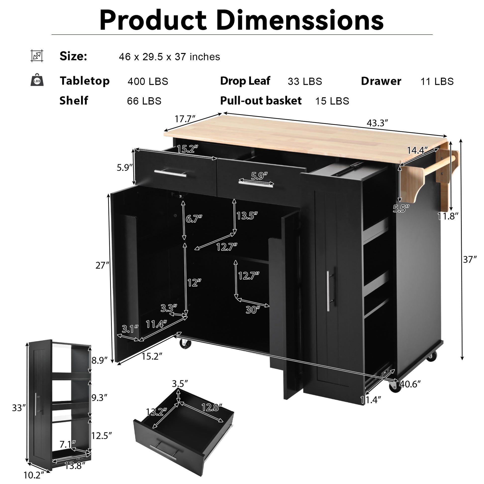 K&K Kitchen Island With Drop Leaf, Kitchen Storage Cart With 3 Tier Pull Out Cabinet Organizer, Internal Storage Rack, Rolling Kitchen Cart On Wheels With Towel Rack, 2 Drawers, For Kitchen, Black Black Brown Kitchen Classic,Farmhouse,Luxury,Modern