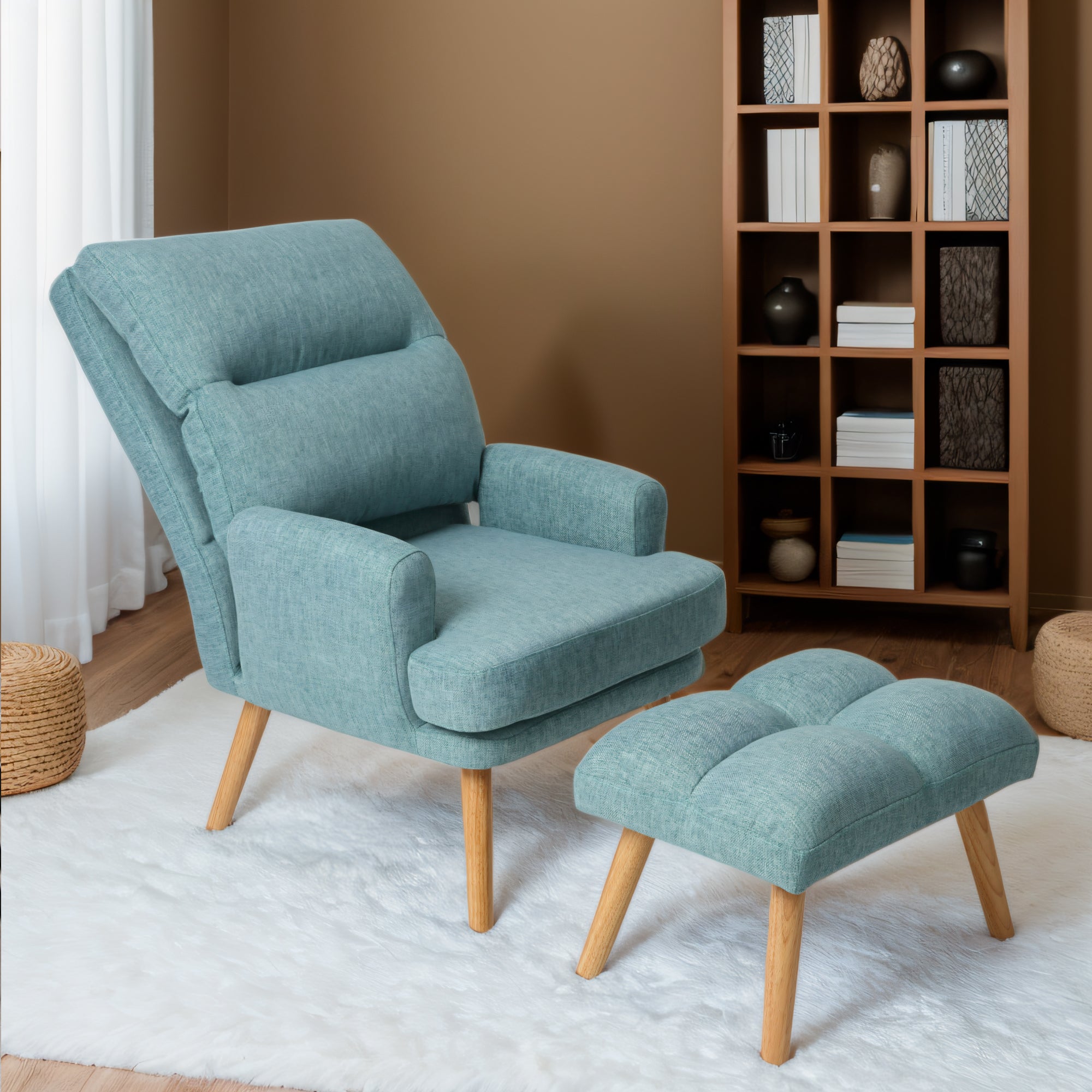 Accent Chair With Ottoman Set, Fabric Armchair With Wood Legs And Adjustable Backrestmid Century Modern Comfy Lounge Chair For Living Room, Bedroom, Reading Room And Study Green Textile 1 Seat