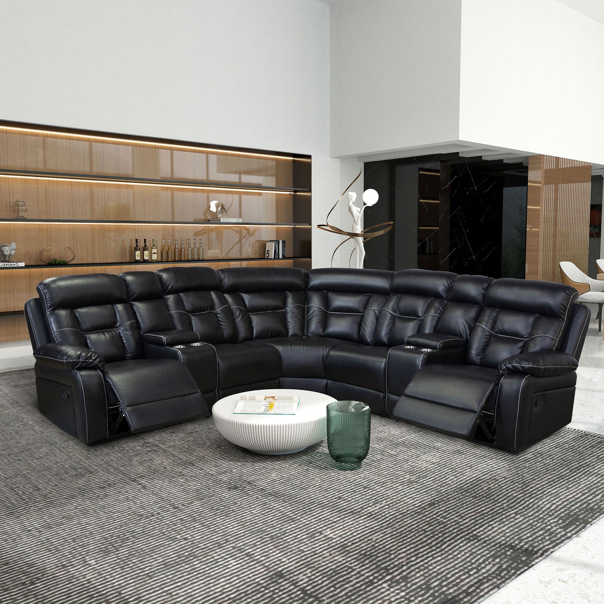 Manual Reclining Sofa Faux Leather Sofa Set Black Black Pu 5 Seat