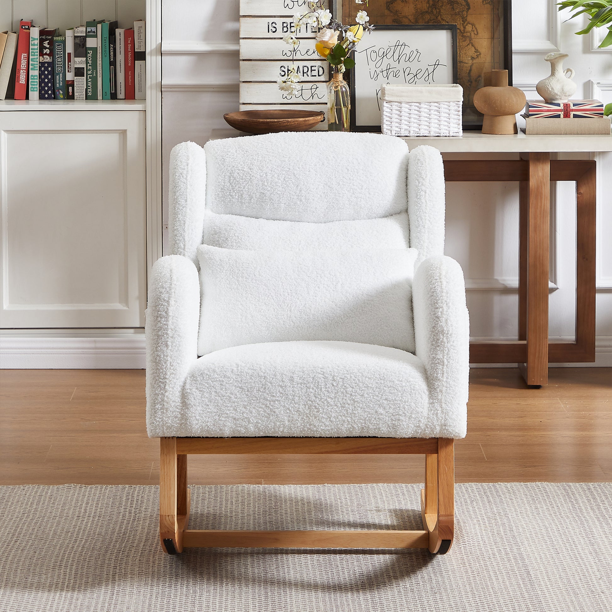 27.2"W Modern Accent High Backrest Living Room Lounge Arm Rocking Chair, Two Side Pocket Ivory Foam Fabric