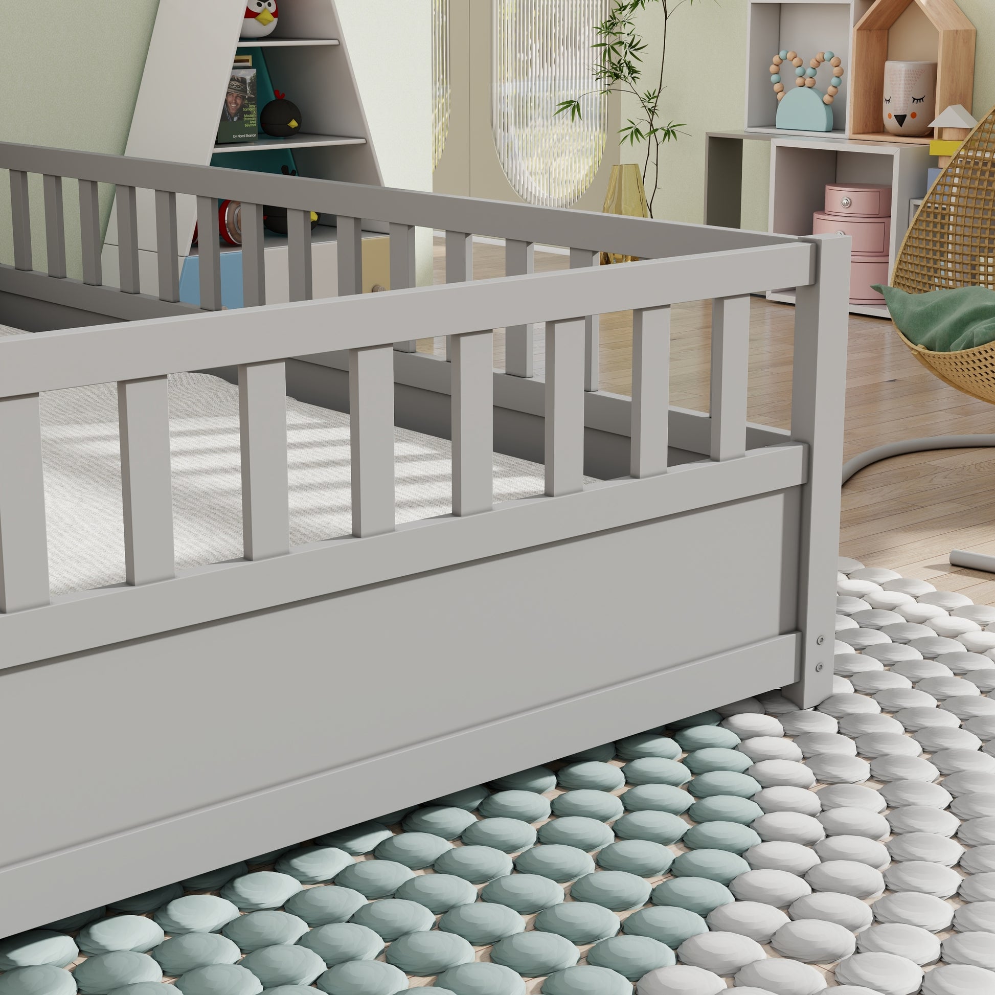 Full Size Floor Bed, Integral Construction With Super High Security Barrier, Door, Children'S Floor Bed Frame, Montessori Wooden Children'S Floor Bed, Support Slat Grey Box Spring Required Full Grey Wood Brown Bedroom American Design,Artsy Pine Bed Frame