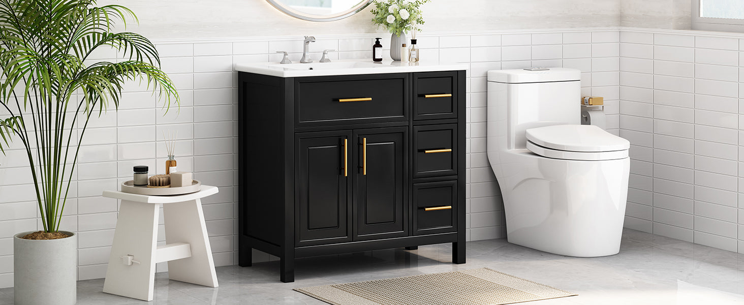 36" Bathroom Vanity With Sink Top, Bathroom Vanity Cabinet With Two Doors And Three Drawers, Solid Woodmdf Boards ,One Package, Black Black Solid Wood Mdf