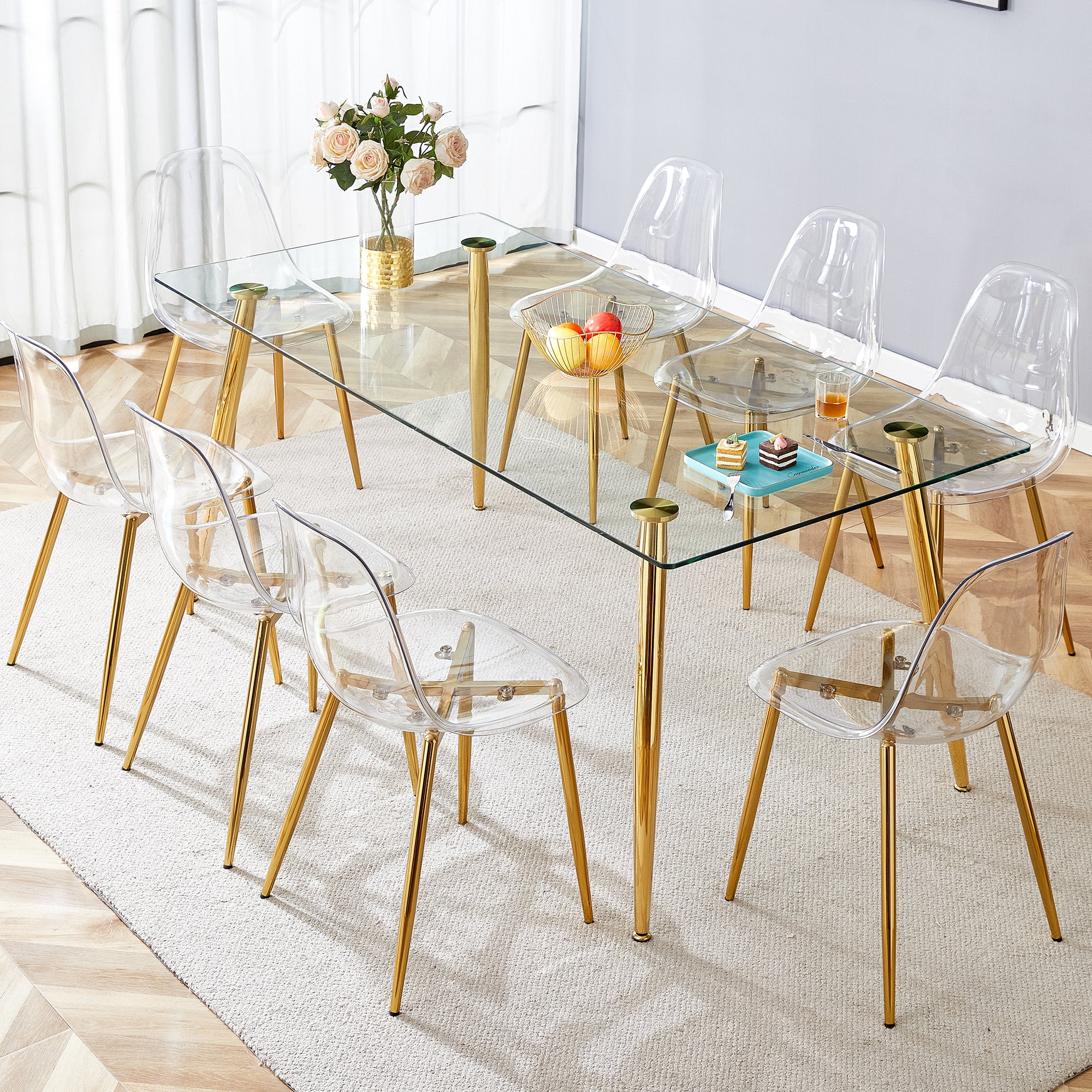 Table And Chair Set.Modern Rectangular Glass Dining Table With Tempered Glass Countertop And Golden Metal Legs, Paired With Multiple Transparent High Quality Pet Dining Chairs With Golden Legs. Gold Seats 8 Tempered Glass