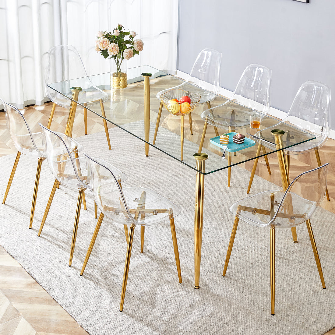Table And Chair Set.Modern Rectangular Glass Dining Table With Tempered Glass Countertop And Golden Metal Legs, Paired With Multiple Transparent High Quality Pet Dining Chairs With Golden Legs. Gold Seats 8 Tempered Glass