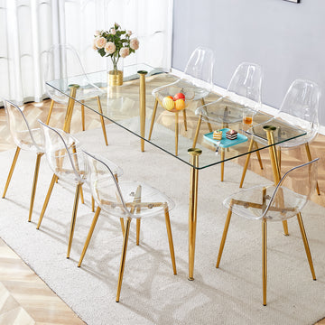 Table And Chair Set.Modern Rectangular Glass Dining Table With Tempered Glass Countertop And Golden Metal Legs, Paired With Multiple Transparent High Quality Pet Dining Chairs With Golden Legs. Gold Seats 8 Tempered Glass