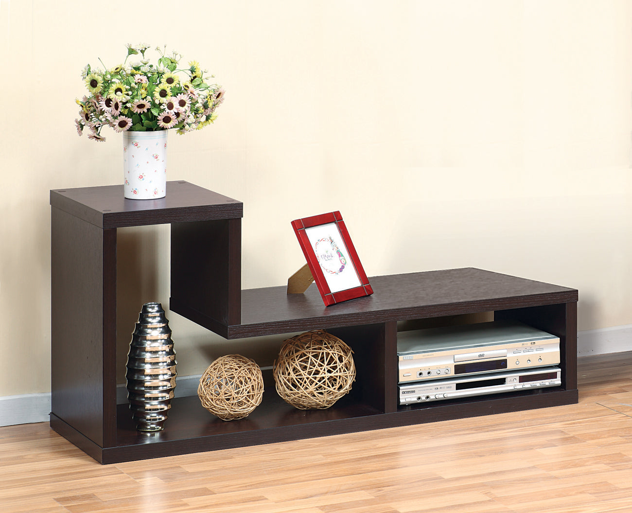 L Shape Geometric Tv Stand Two Piece Extendable Media Furniture Red Cocoa Espresso Cappucino Color Espresso 60 69 Inches Particle Board Mdf
