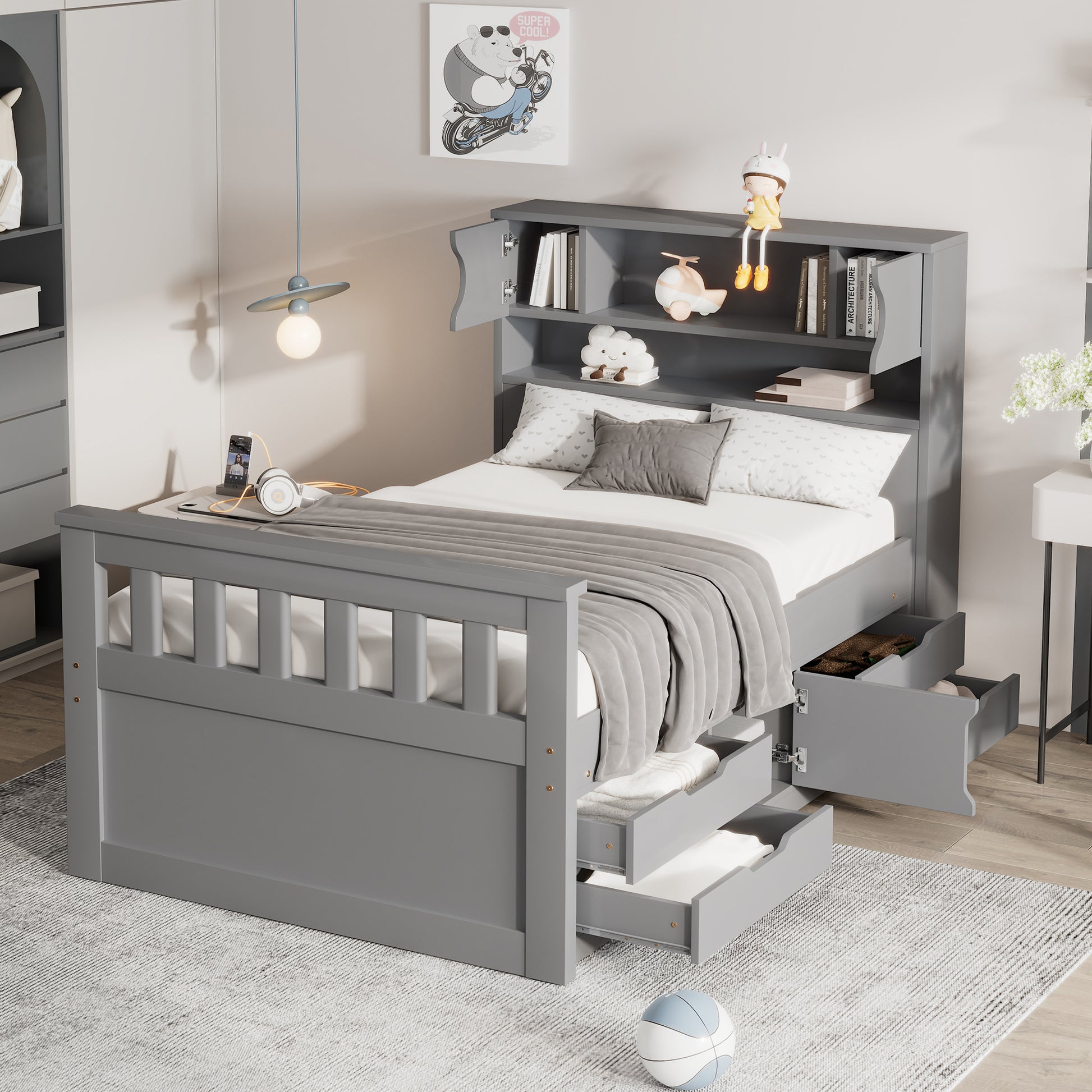 Twin Size Captain Platform Bed Frame With Storage Bookcases And Shelves,Four Drawers, Gray Twin Gray Solid Wood Mdf