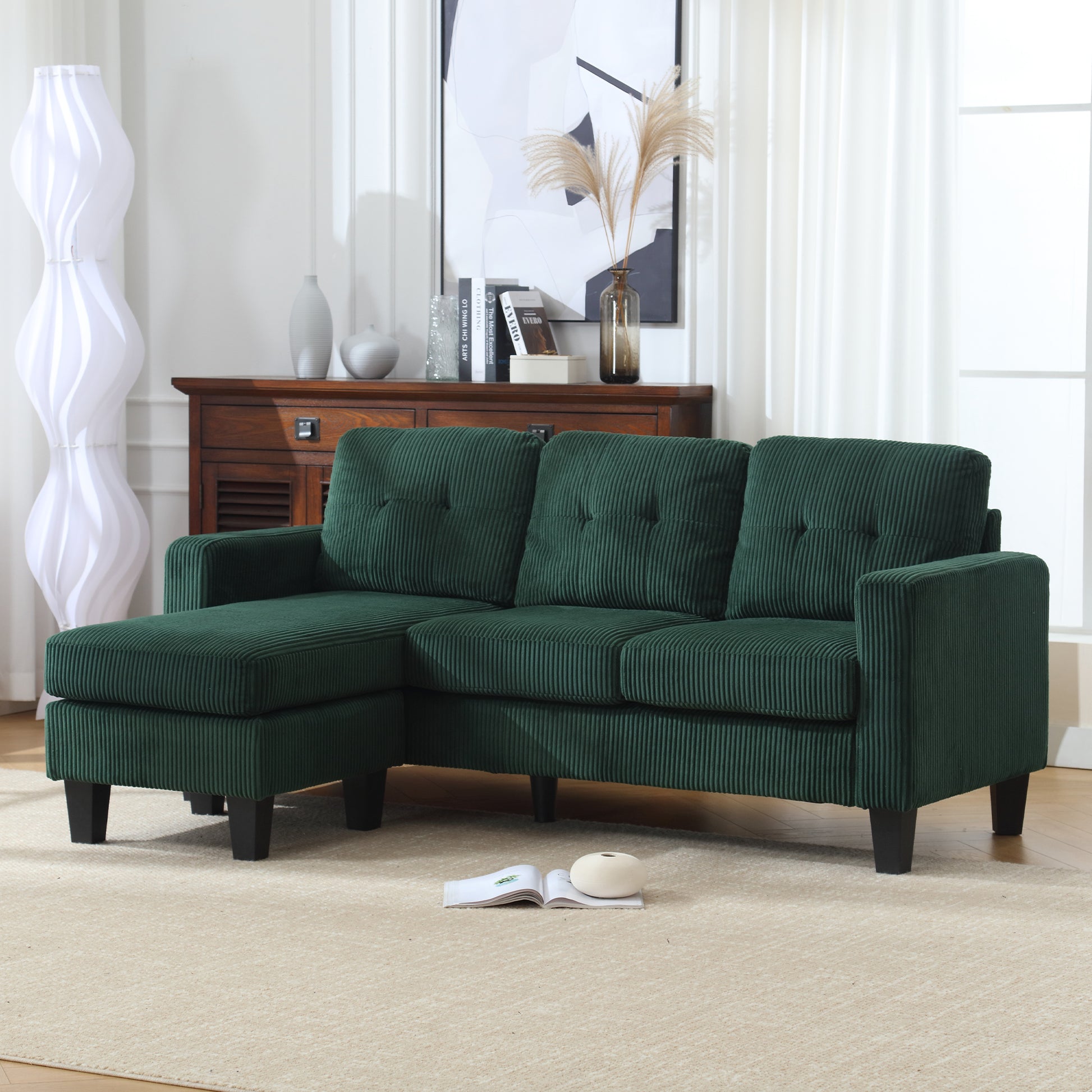 Velvet Sectional Couchl Shaped Sofa With Ottoman For Small Apartment Emerald Velvet 3 Seat