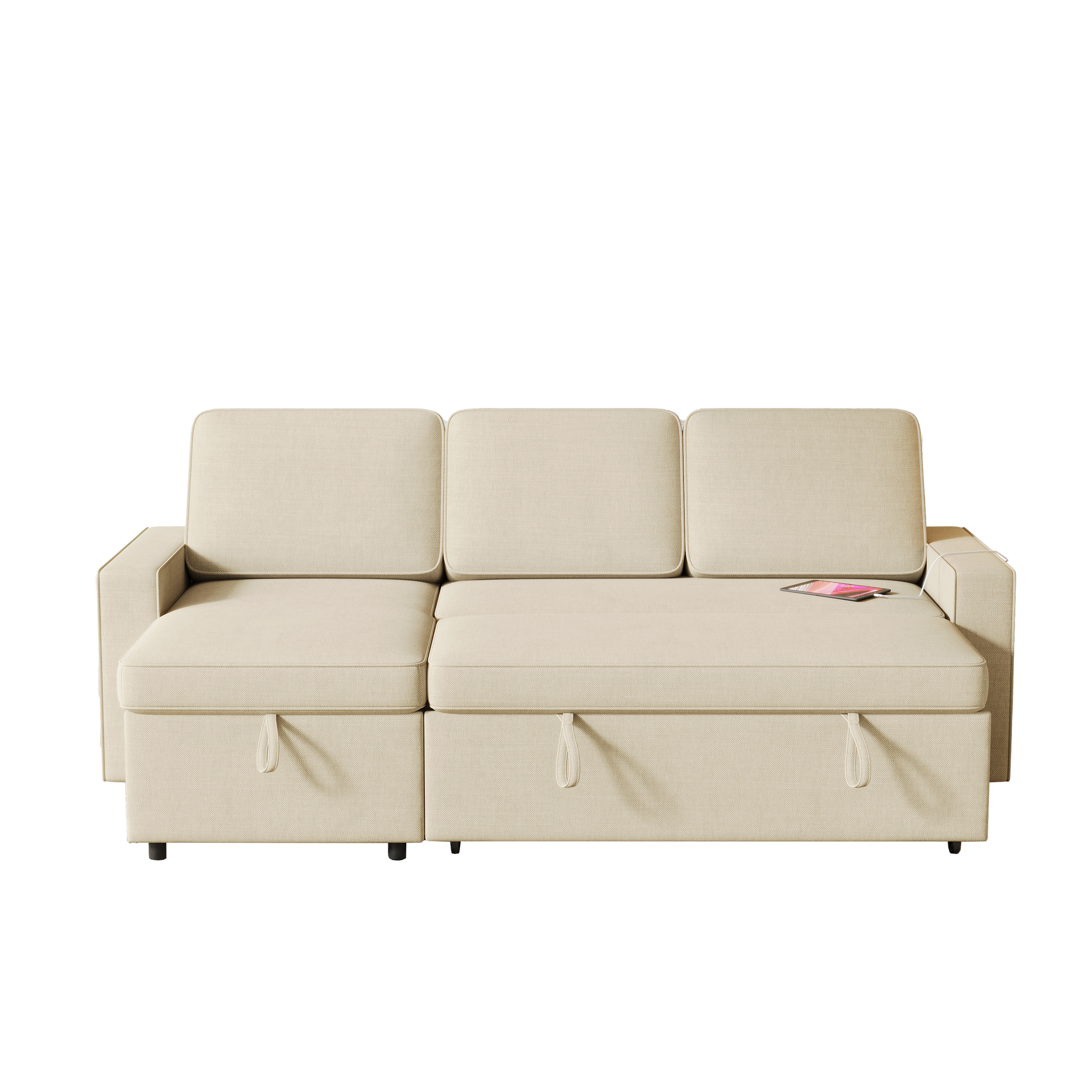 85.8" Pull Out Sleeper Sofa L Shaped Couch Convertible Sofa Bed With Storage Chaise And Storage Racks,With Usb Port And T Pyce Port Beige Fabric 3 Seat