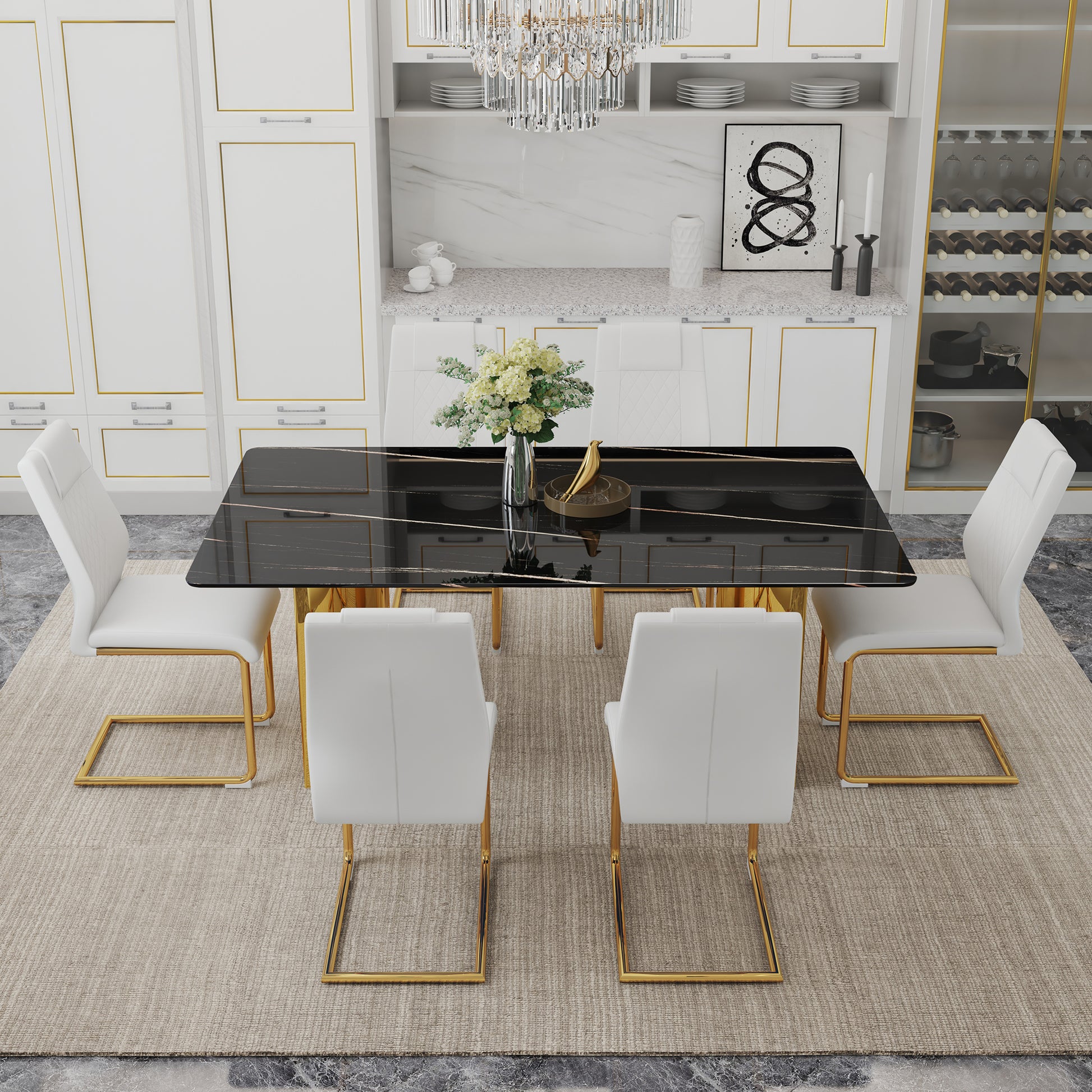 Table And Chair Set.The Table Has A Glass Tabletop With Imitation Marble Pattern Stickers And Stainless Steel Golden Table Legs. Paried With Comfortable Chairs With Pu Seats And Metal Legs. Gold Black Seats 6 Glass Metal