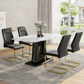 Table And Chair Set, Modern And Minimalist Dining Table, Imitation Marble Patterned Tabletop, Mdf Legs With U Shaped Brackets. Paired With Comfortable Chairs, Suitable For Dining And Living Rooms. Black Gold Mdf Glass