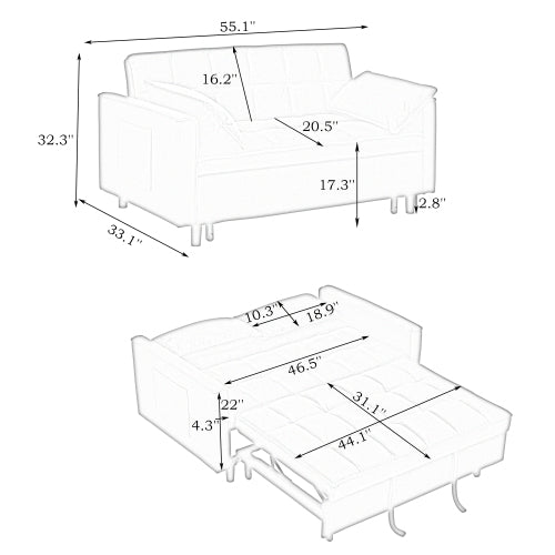 55 Inches Grey Modern Velvet Sofa, Seating Sofa With Backrest, Soft And Comfortable Living Room Furniture, 3 In 1 Convertible Sofa Bed For Living Room Bedroom Gray Velvet 2 Seat