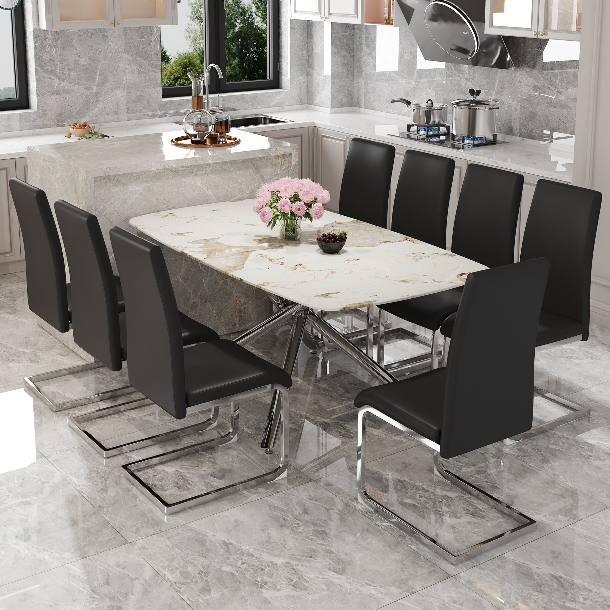Table And Chair Set, Large Modern Minimalist Rectangular Dining Table, 0.39 "Imitation Marble Tabletop And Silver Metal Legs, Soft Leather Seats. F 1537 Silver Glass Metal