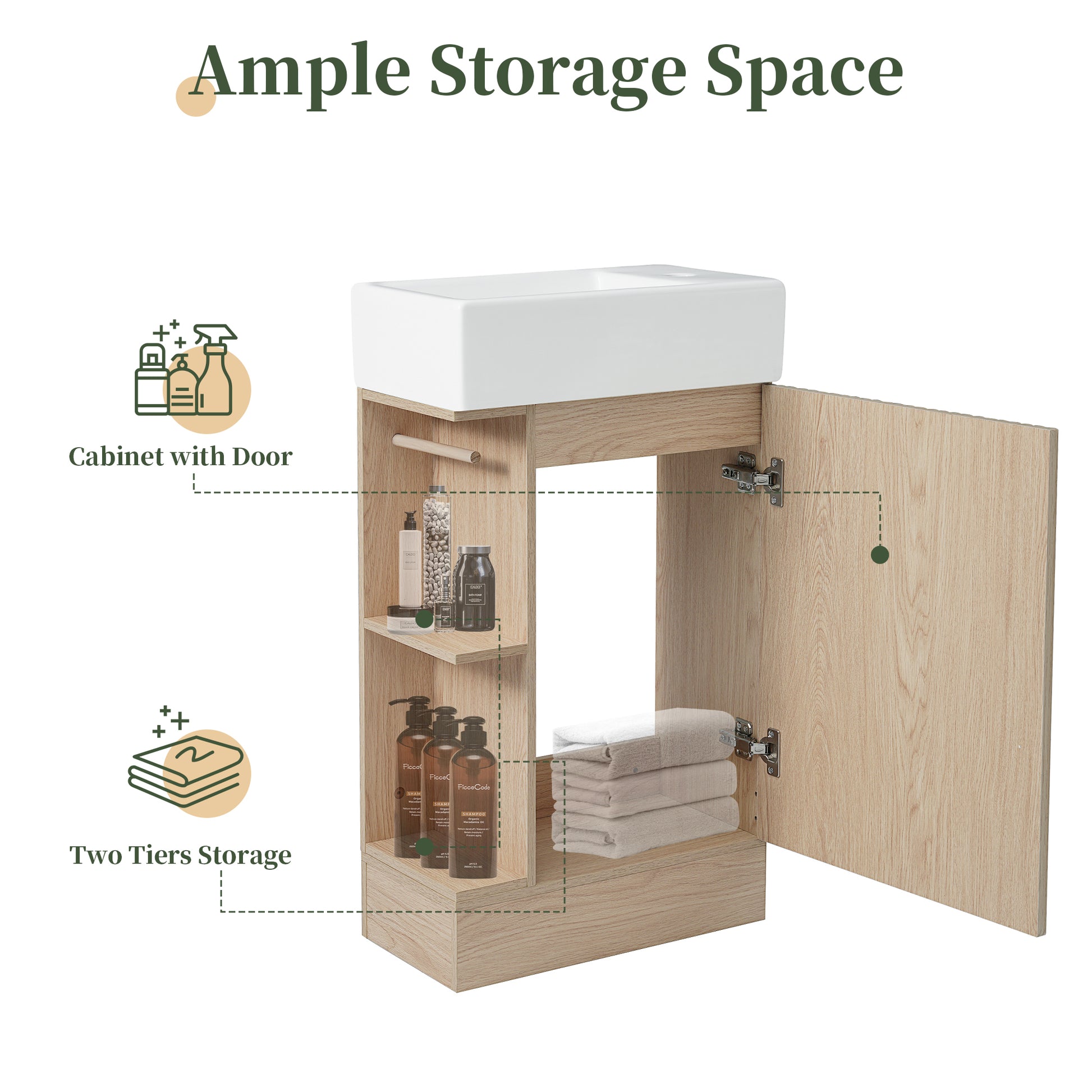 18.6" Bathroom Vanity With Sink, Bathroom Vanity Cabinet With Two Tier Shelf, Left Or Right Orientation, Natural Natural Mdf