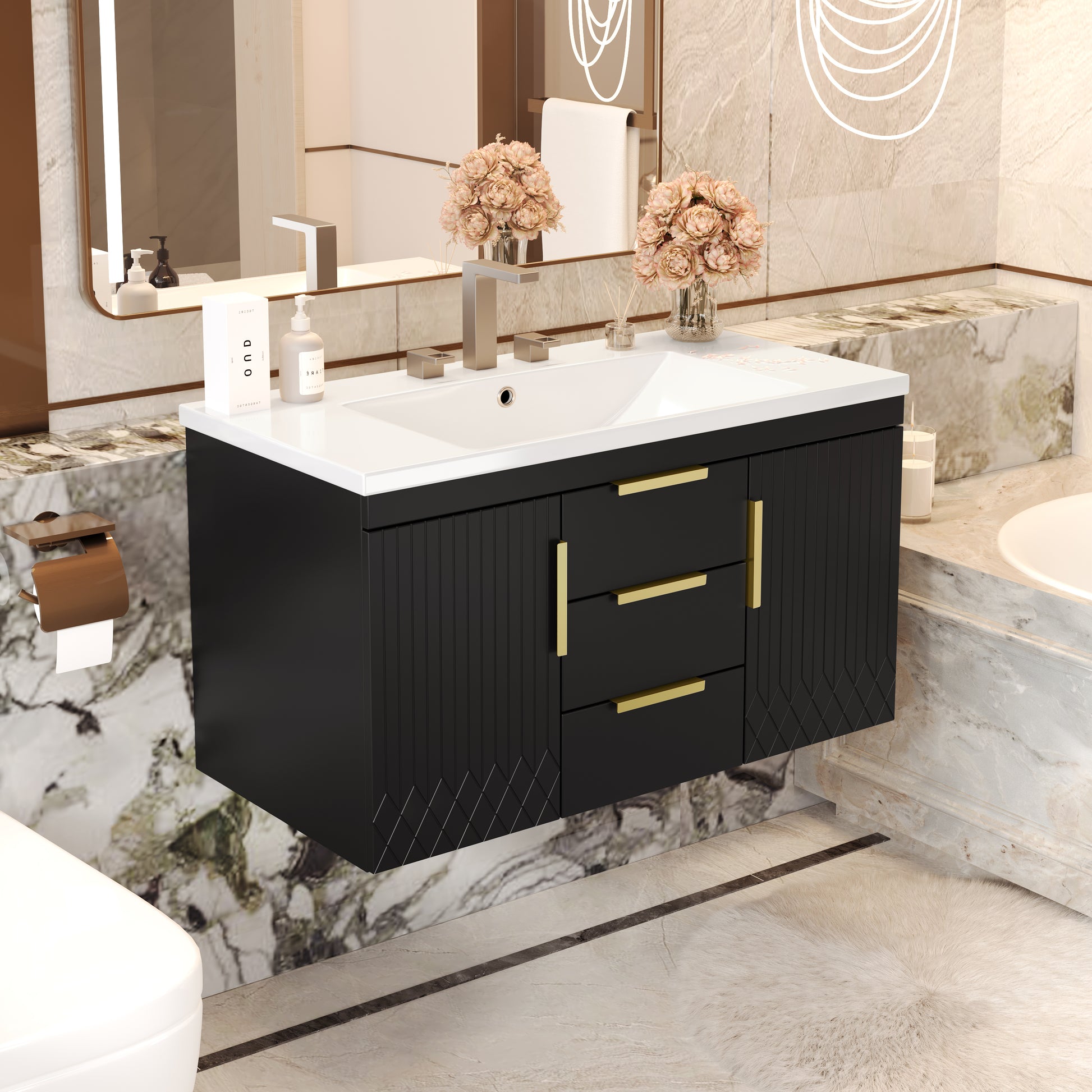 36'' Wall Mounted Bathroom Vanity With Resin Sink, Floating Bathroom Storage Cabinet With 2 Drawers, Solid Wood Bathroom Cabinet Black Bathroom Modern Mdf