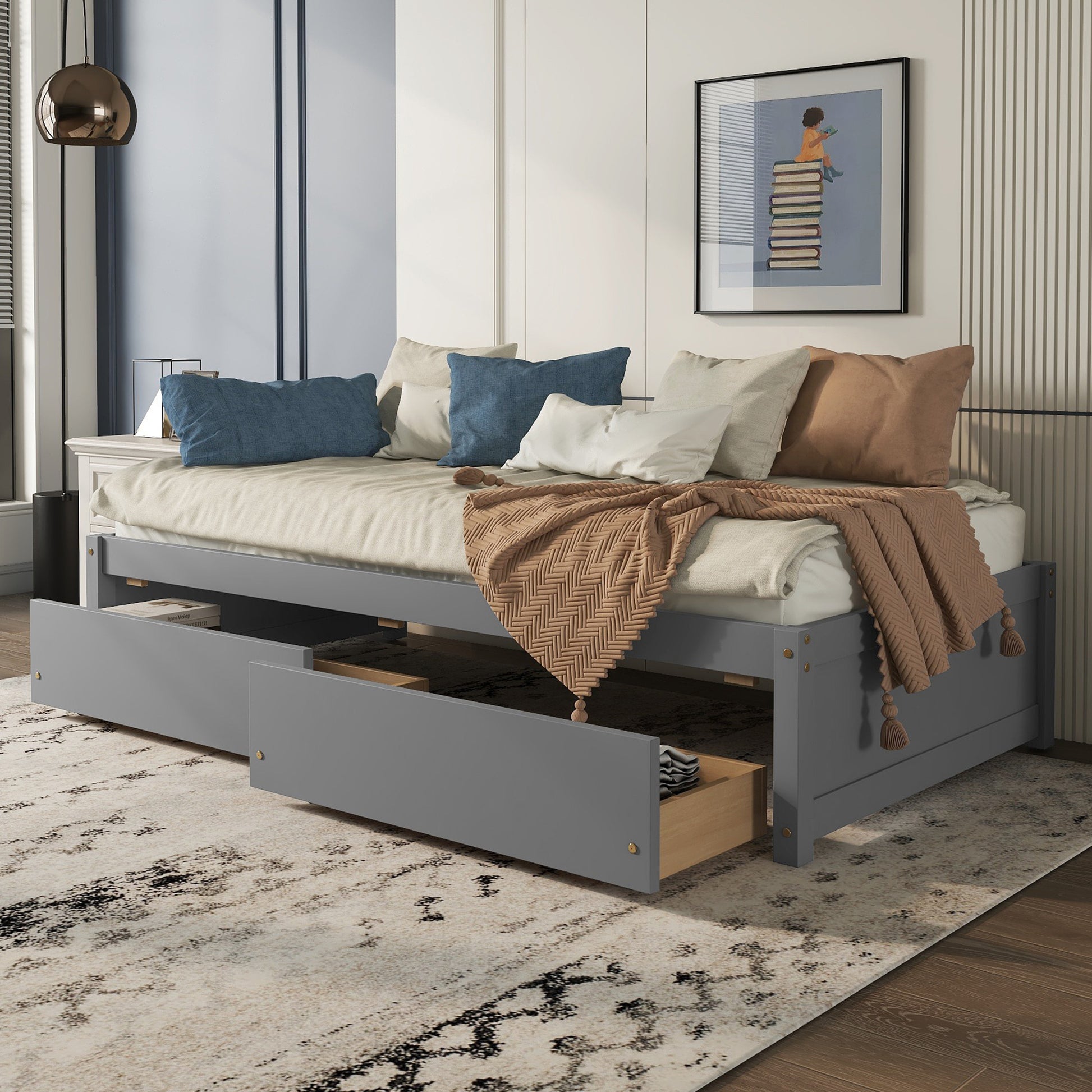 Twin Bed With 2 Drawers, Solid Wood, No Box Spring Needed ,Grey Old Sku:W50422208 Twin Grey Pine