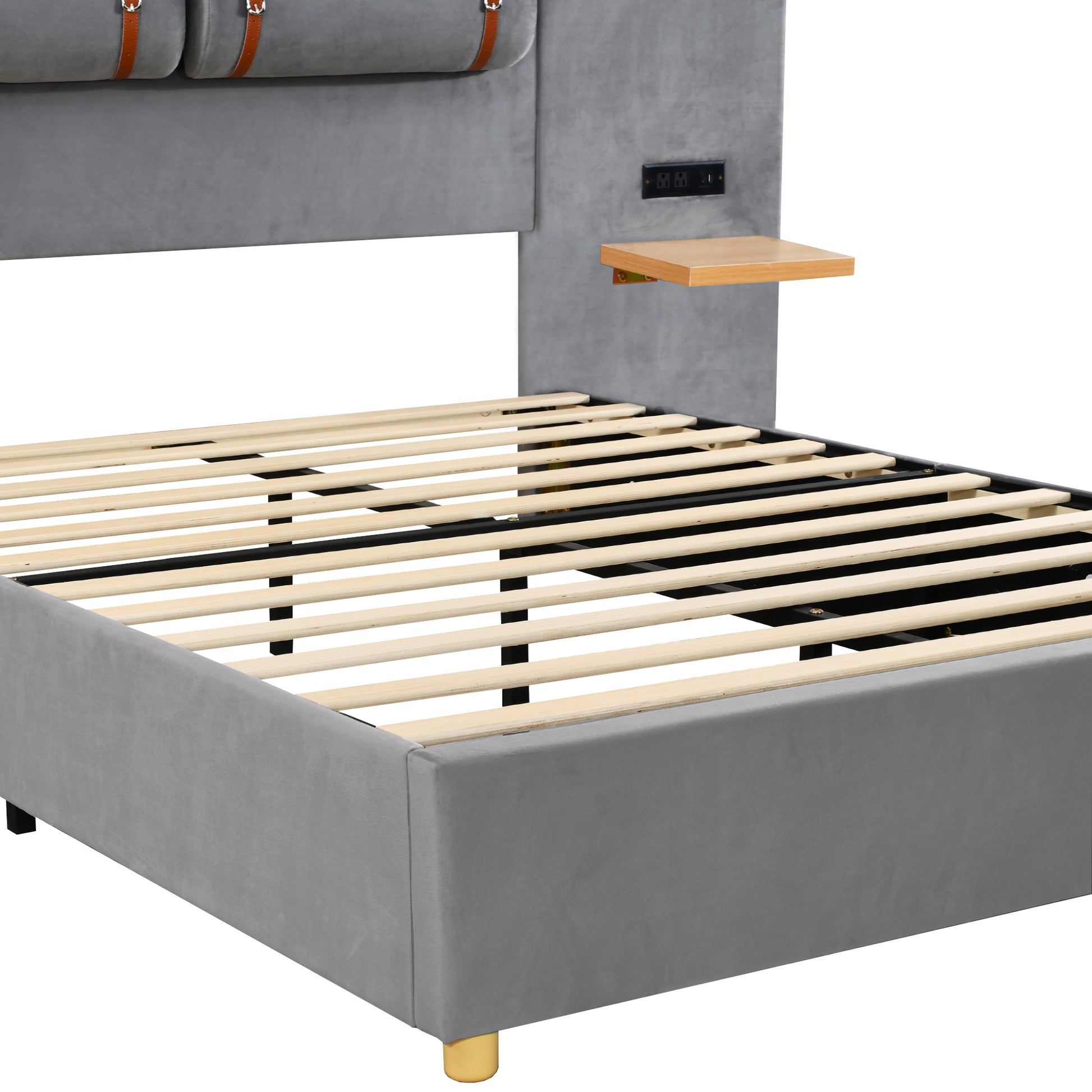 Full Size Upholstered Platform Bed With Two Outlets And Usb Charging Ports On Both Sides, Two Bedside Pillows, Storage Shelf, Velvet,Gray Full Gray Mdf Lvl