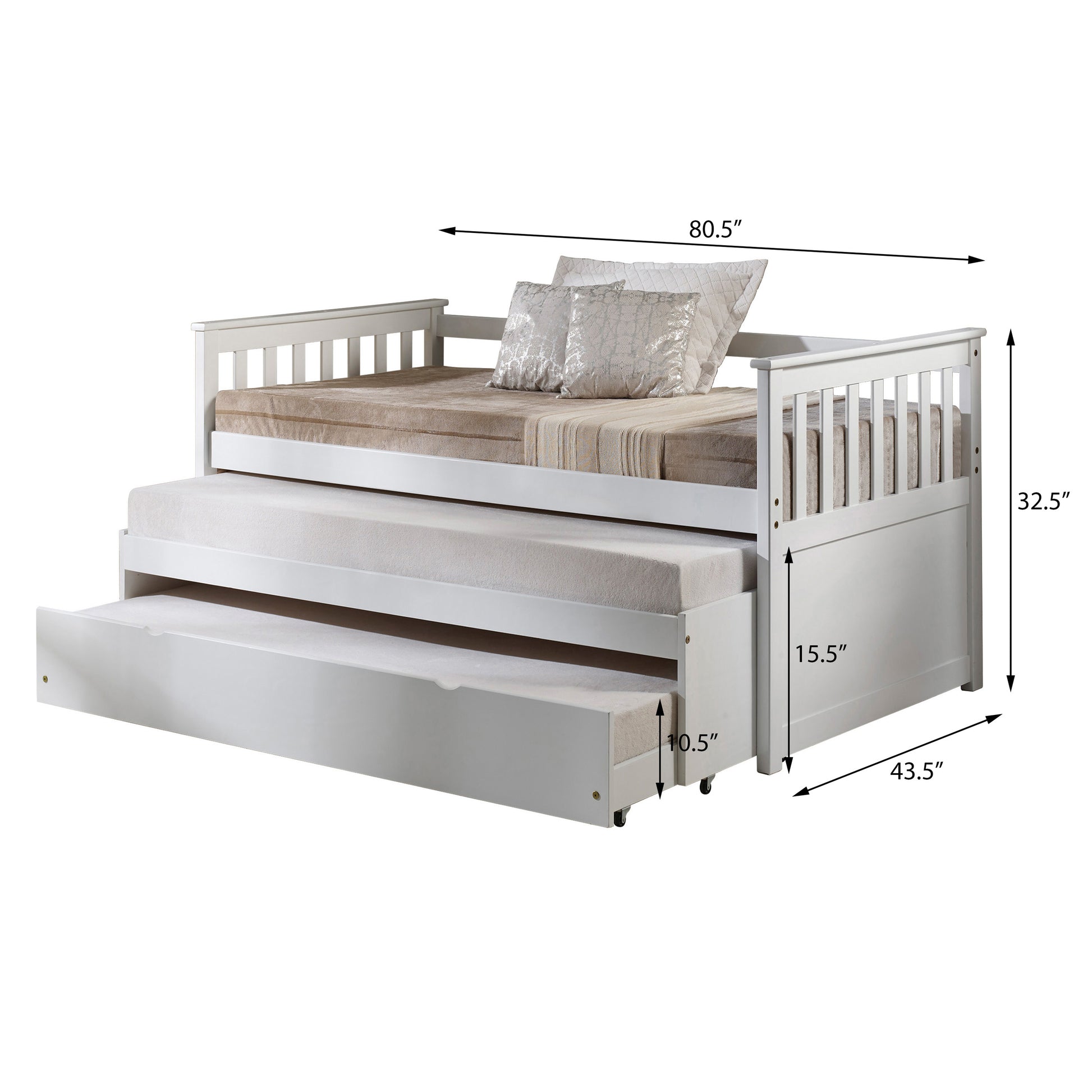 White Slatted Armrest Twin Daybed With Roll Out Bed Box Spring Not Required Twin White Wood White Wood