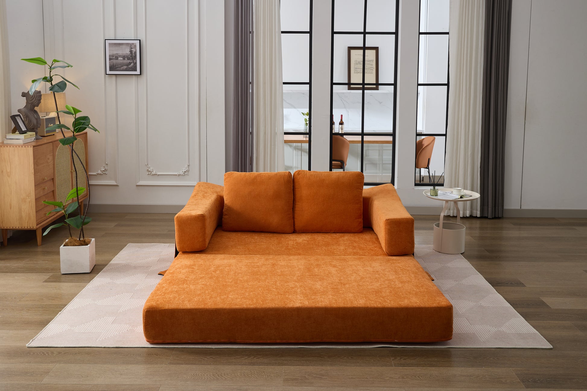 Modern Minimalist Sofa, Fold Out Sofa Bed, Convertible Chair Floor Couch & Sleeping Mattress For Living Room, Bedroom, Apartment, Removable Backrest, Orange Orange Chenille Soft Vintage Chenille 2 Seat