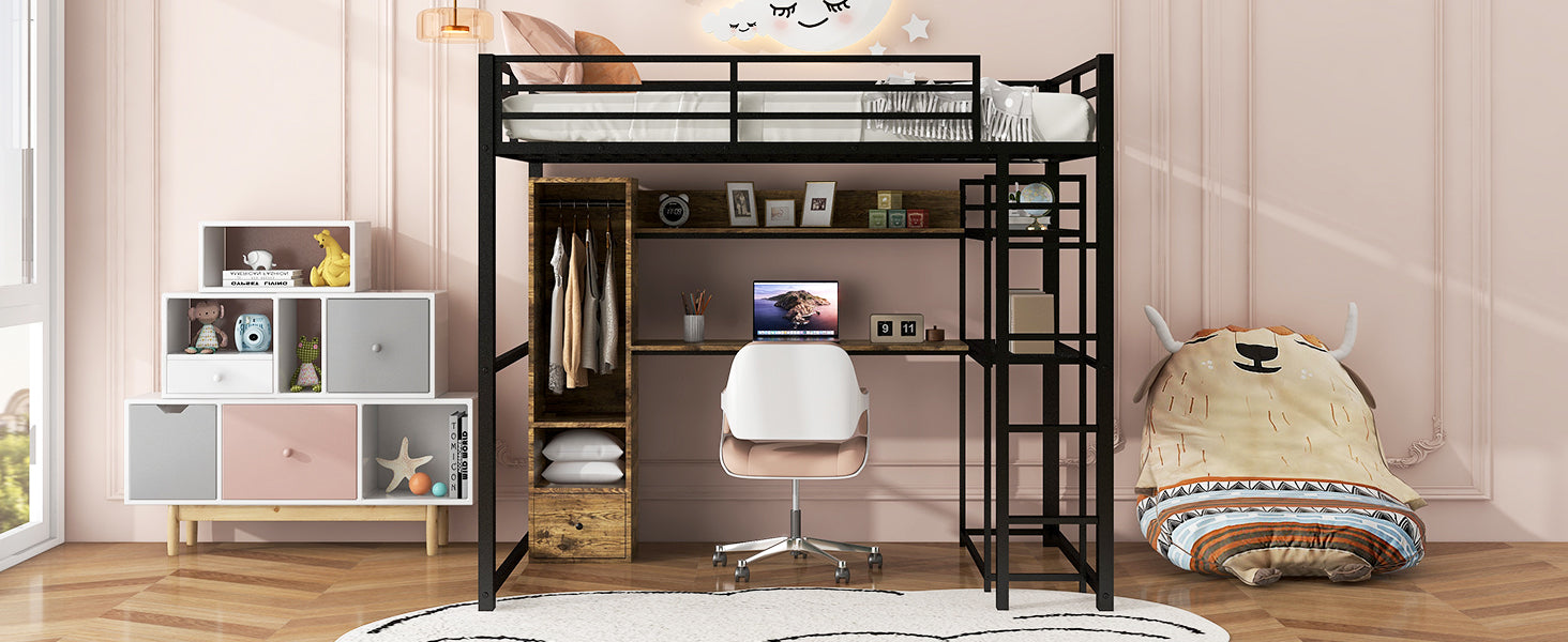Full Size Metal Loft Bed With Built In Wardrobe, Drawer, Desk And Shelves, Black Expected Arrival Time: 9.7 Box Spring Not Required Full Black Metal Wood Metal