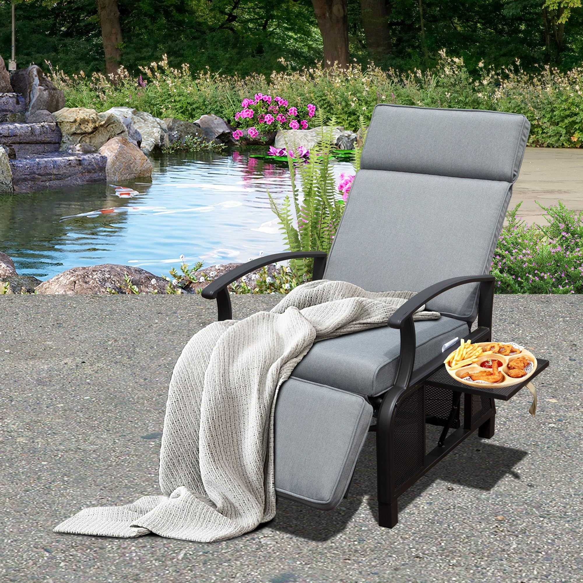 Adjustable Patio Recliner Chair Metal Outdoor Lounge Chair With Flip Table Push Back, Adjustable Angle, 6.8'' Removable Cushions, Support 350Lbs,Gray Yes Gray Garden & Outdoor Metal