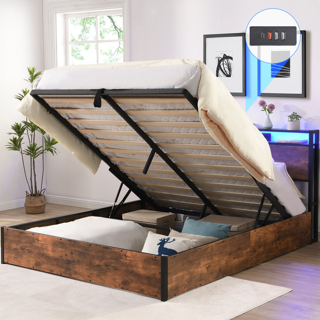 Lift Up Storage Bed Frame, Queen Size Bed Frame With Bookcase Headboard & Led Lights, Wooden Platform Bed Frame With Charging Station, No Spring Box Needed, Rustic Brown Box Spring Not Required Queen Rustic Brown Metal Brown Bedroom Industrial Bed Frame