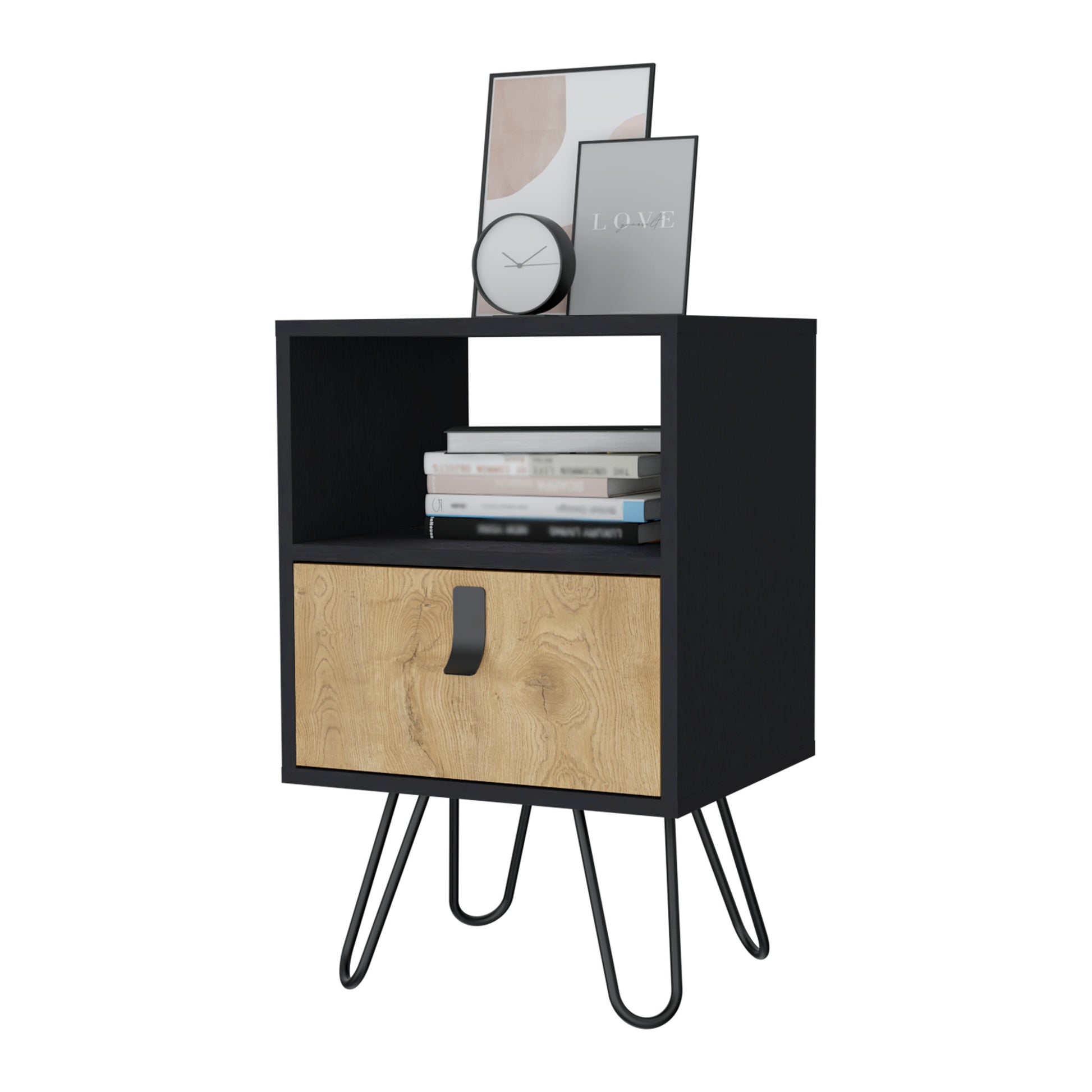 Kimball Nightstand, Large Storage Design With Hairpin Legs, Drawer An Open Shelf Multicolor 1 Drawer Bedroom Open Storage Contemporary Pine Shelving Pine Particle Board Engineered Wood