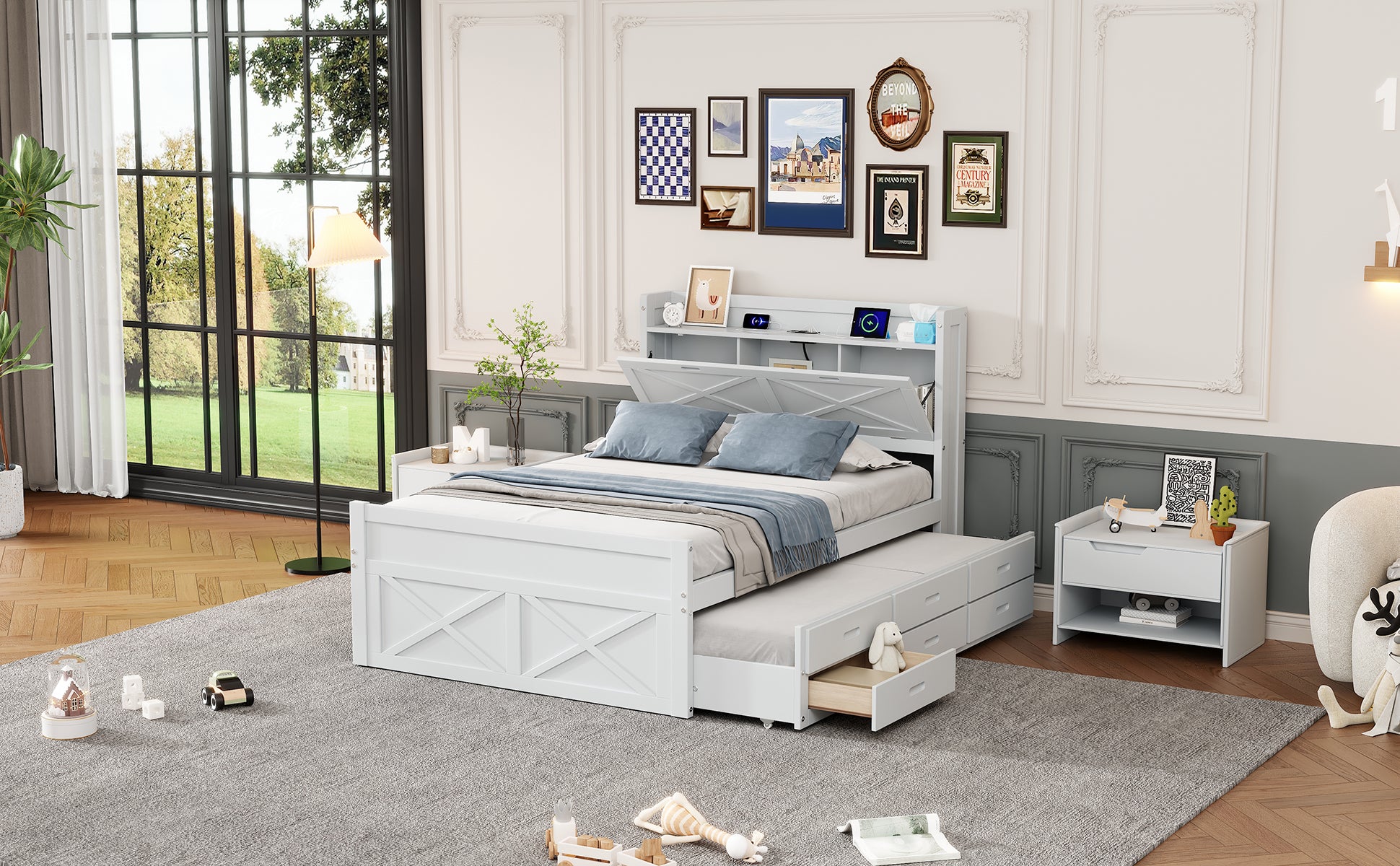 Full Size Wooden Bed With Storage Headboard With Outlets, Extendable Bed With Twin Size Trundle With Three Storage Drawers,White Full White Wood