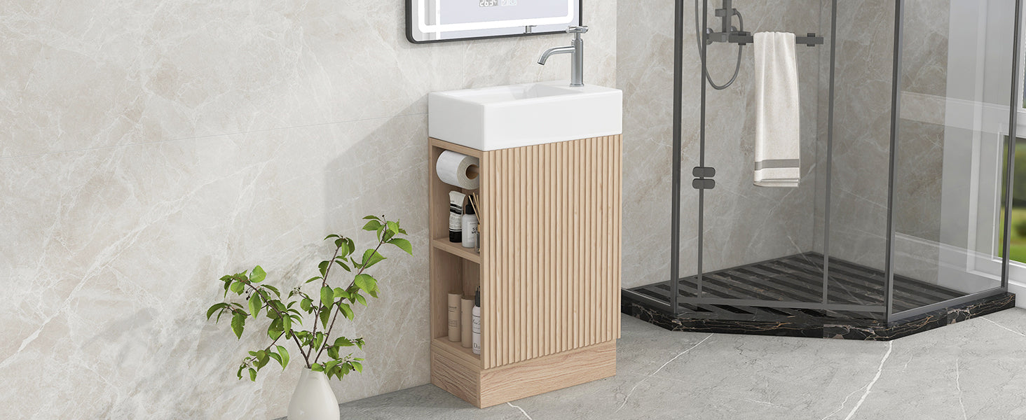 18.6" Bathroom Vanity With Sink, Bathroom Vanity Cabinet With Two Tier Shelf, Left Or Right Orientation, Natural Natural Mdf