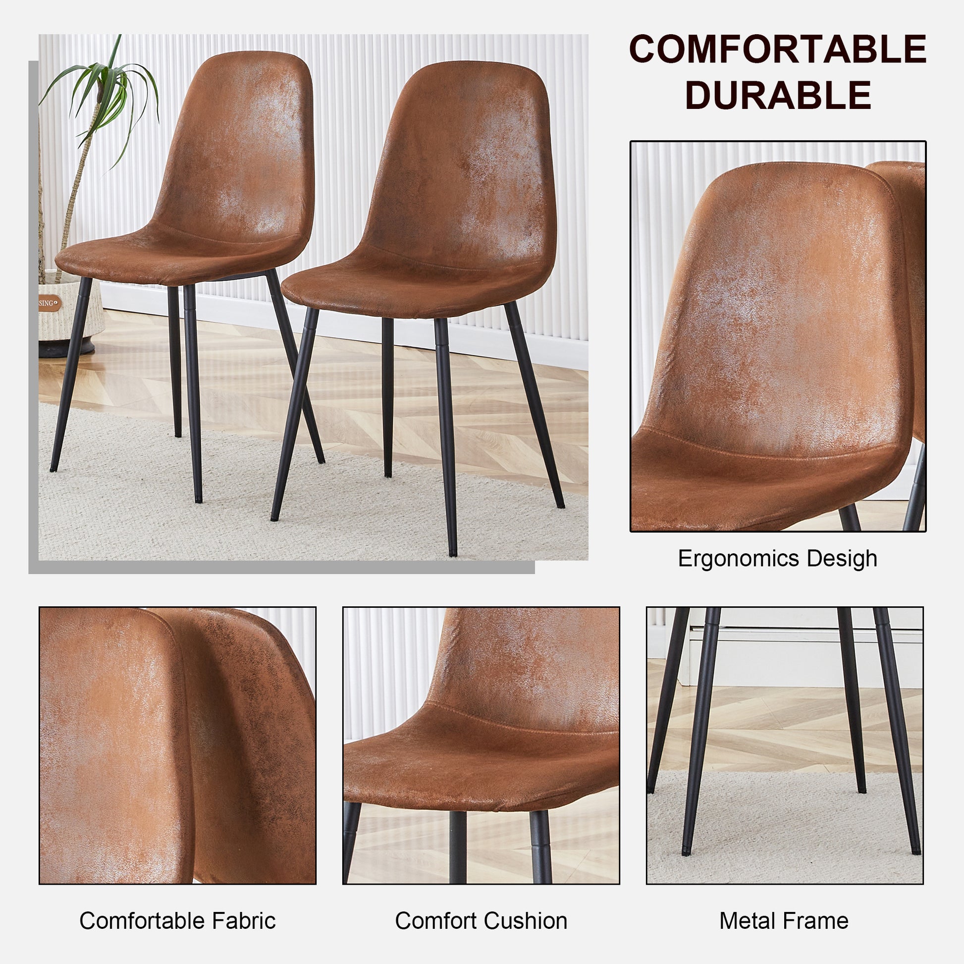 Table And Chair Set.Modern Dining Table, Tempered Glass Countertop With Artistic Mdf Legs.Paried With 4 Brown Chairs With Soft Linen Fabric Cushions And Black Metal Legs.Suitable For Various Styles. Black Brown,Transparent Seats 4 Mdf Metal