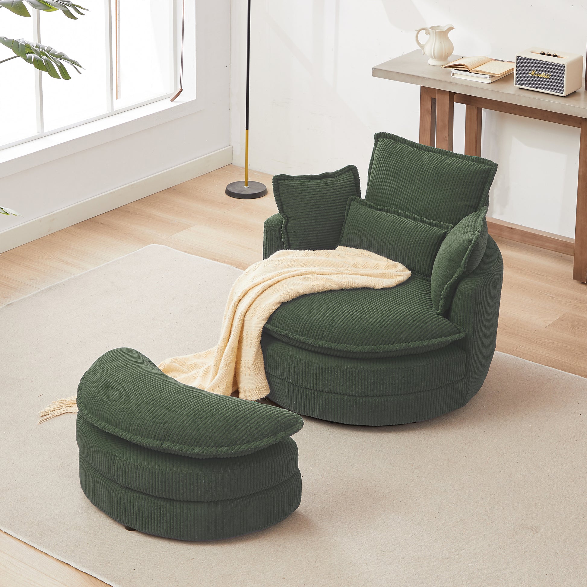 38"W Oversized Swivel Chair With Moon Storage Ottoman For Living Room, Modern Accent Round Loveseat Circle Swivel Barrel Chairs For Bedroom Cuddle Sofa Chair Lounger Armchair, 4 Pillows,Corduroy Green Foam Corduroy 1 Seat