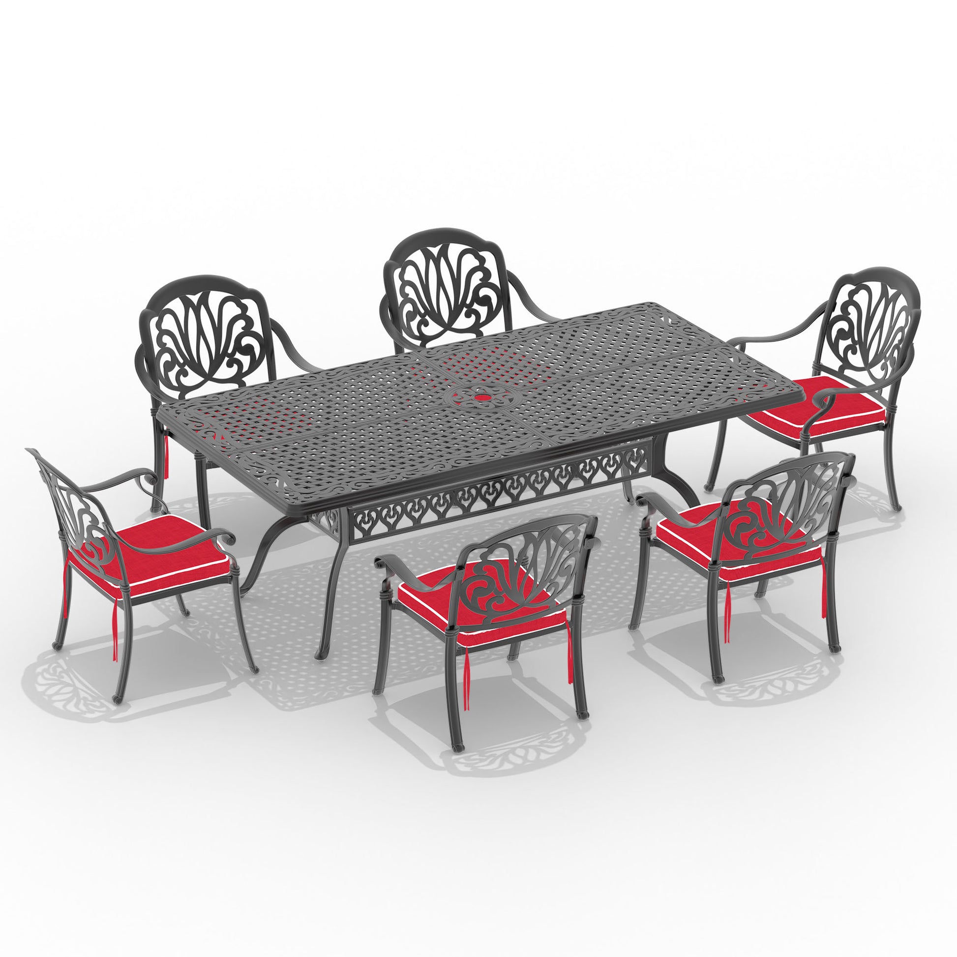 Cushions In Random Colors 7 Piece Set Of Cast Aluminum Patio Furniture With Cushions Yes Dining Set Black Seats 6 Rust Resistant Frame Water Resistant Cushion Garden & Outdoor Complete Patio Sets Aluminium