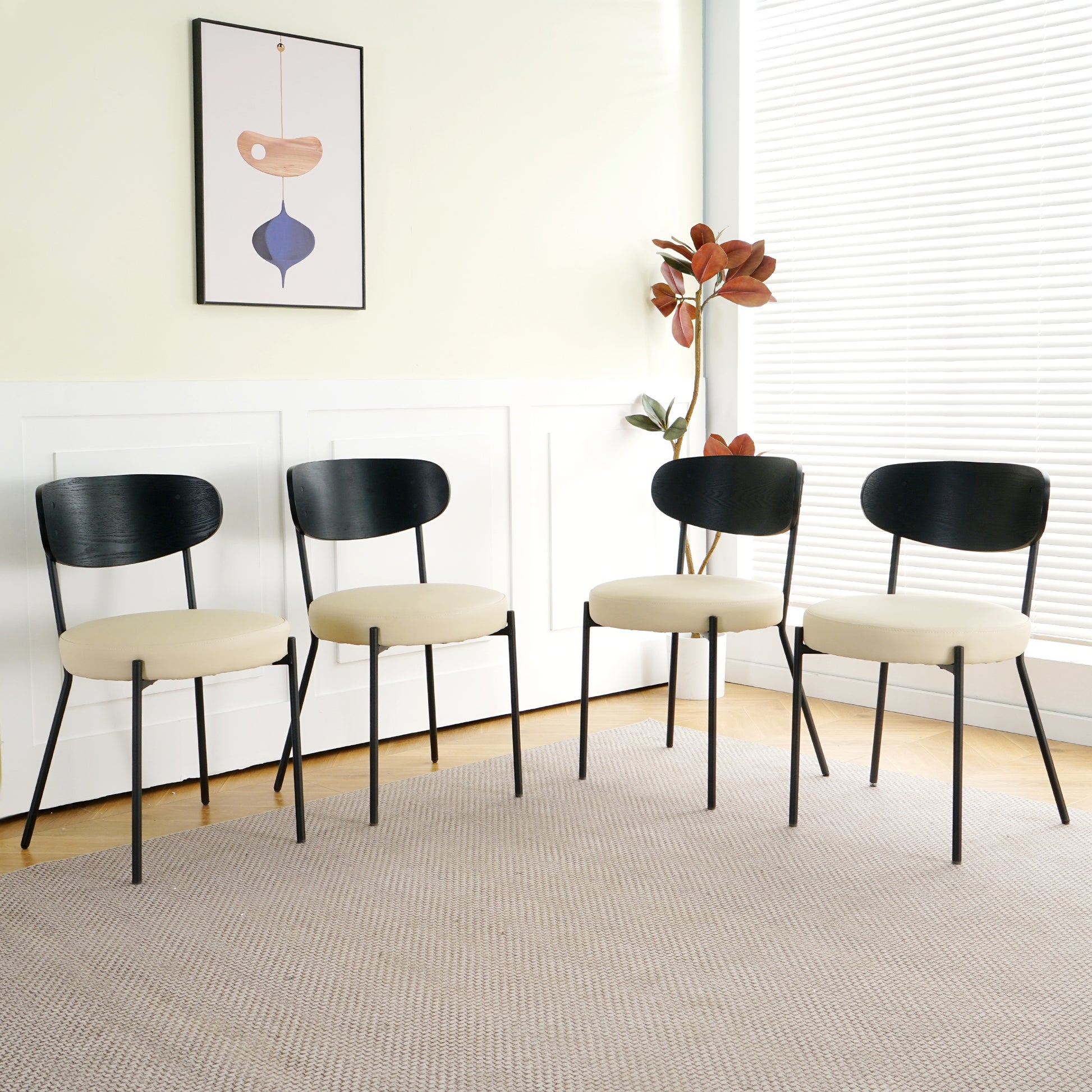 Modern Grey Simple Pu Dining Chair Upholstered Chair Family Bedroom Stool Back Dressing, White Round Table Set, Bentwood Covered With Ash Veneer Chair Back, Chair Black Metal Legs Set Of 5 White Mdf