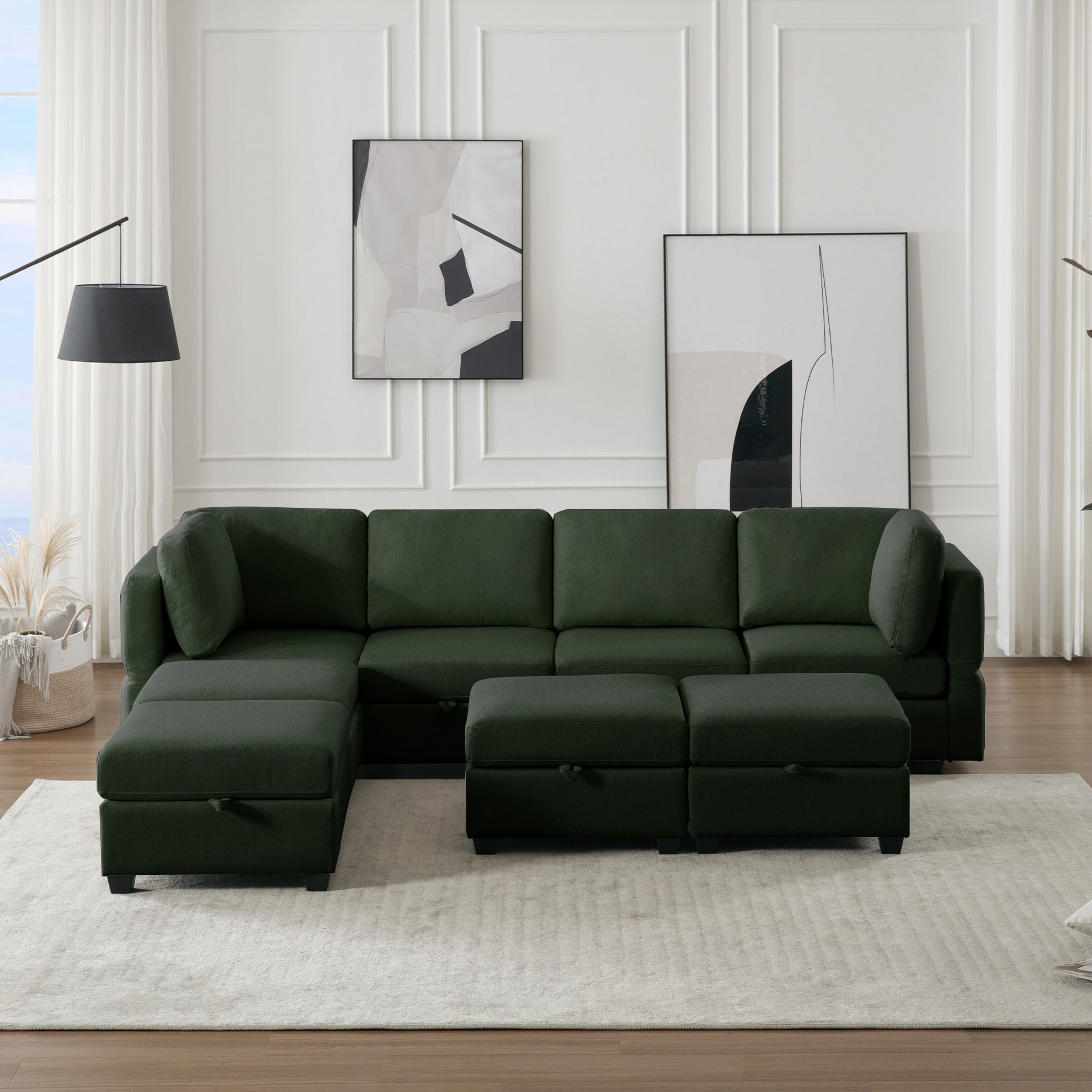 Adjustable Arms And Backs Sectional Sofa, Modern Sectional Couch U Shaped Sofa Couch With Storage Ottoman, Sofa With Convertible Chaise Green Green Polyester 4 Seat