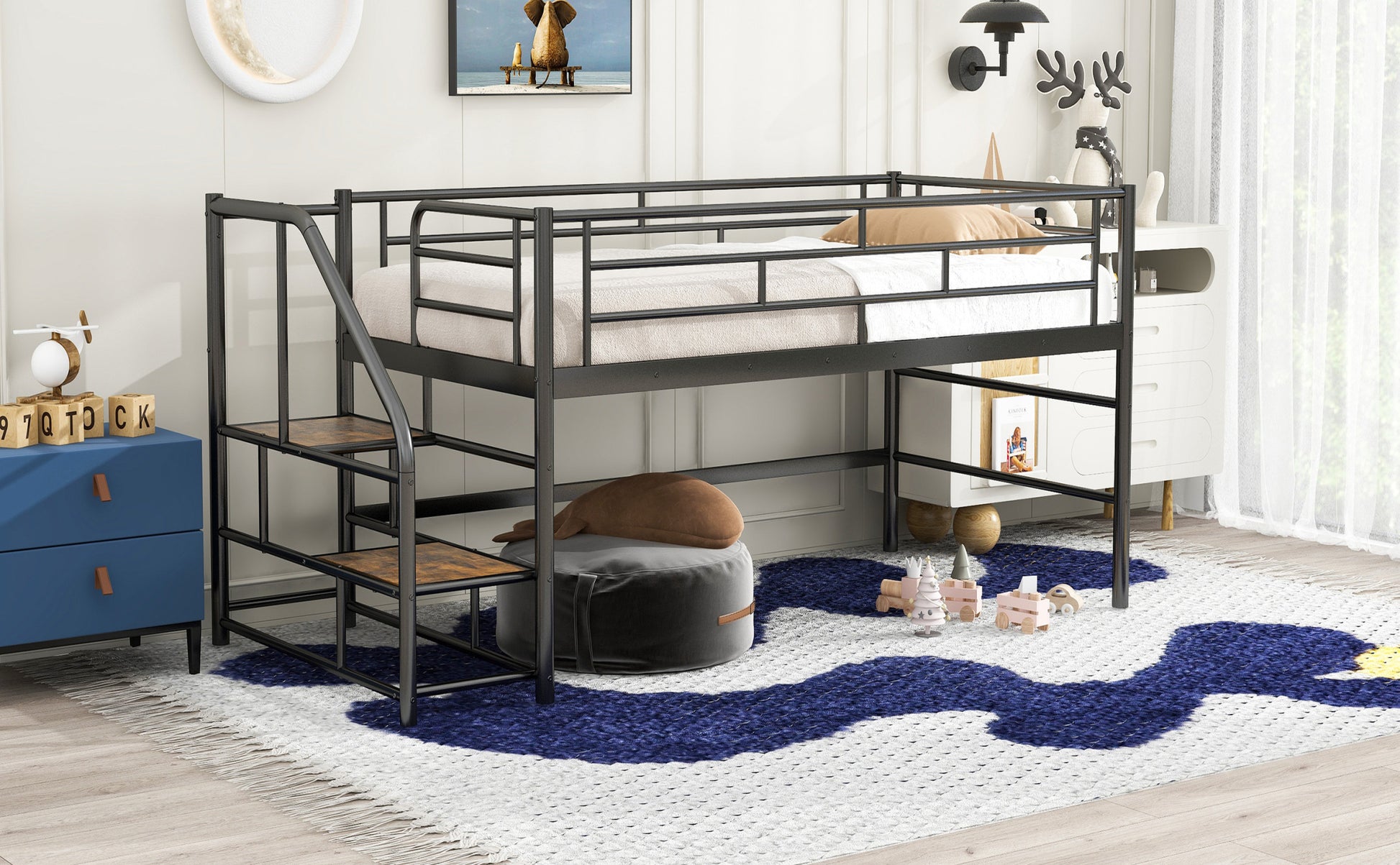 Mid Loft Bed With Storage Stairs, Twin, Black Twin Black Mdf Metal