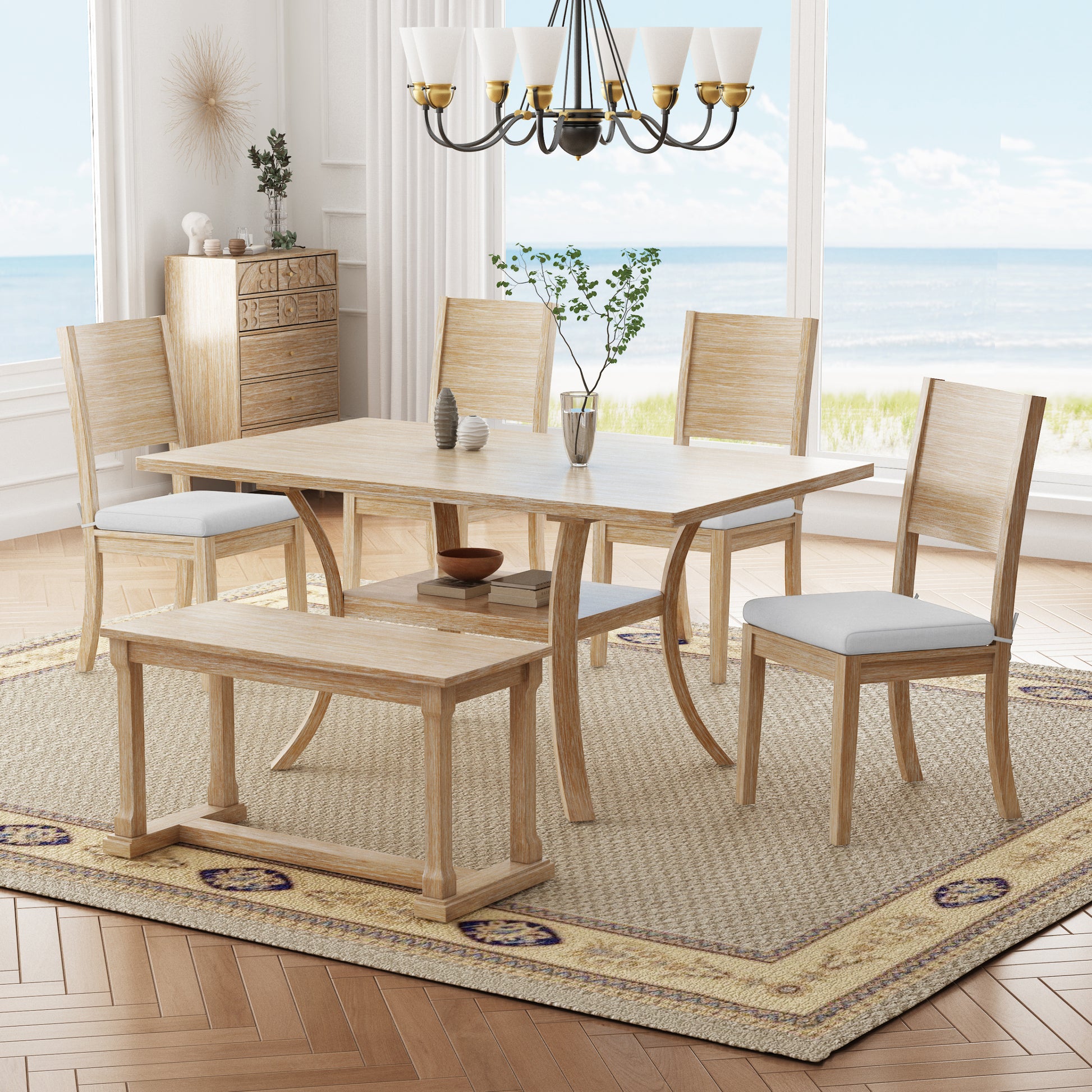 6 Piece Wood Dining Table Set With Storage Shelf And Curved Legs, Kitchen Table Set With Bench And 4 Removable Cushions Dining Chairs, Modern Style, Natural Beige Cushion Wood Dining Room Distressed Finish Rubberwood Rectangular Dining Table With Bench