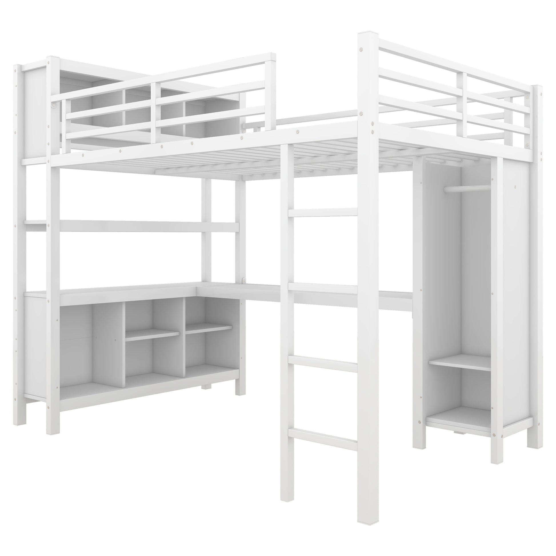 Metal Loft Bed With Wardrobe And L Shaped Desk, Full Size Loft Bed With Storage Cubes And Shelves, Heavy Duty Loft Bed For Kids Teens Adults, White Full Off White Metal