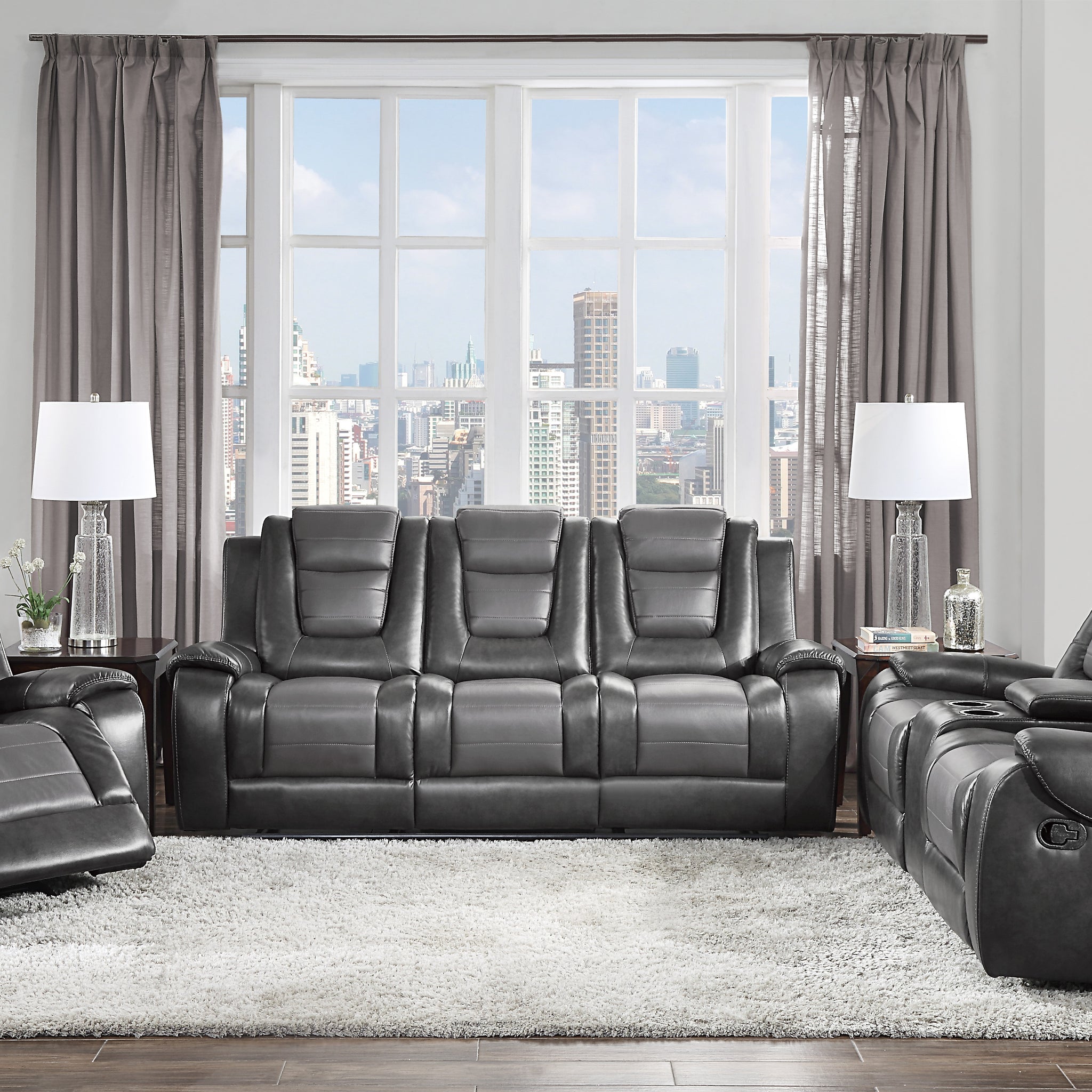 Modern Luxury Living Room Sofa Set 3Pc Reclining Sofa Loveseat Glider Reclining Chair Formal Furniture Premium Faux Leather Upholstery Comfortable Two Tone Gray Finish Dark Gray,Light Gray Faux Leather Wood Primary Living Space Luxury,Modern