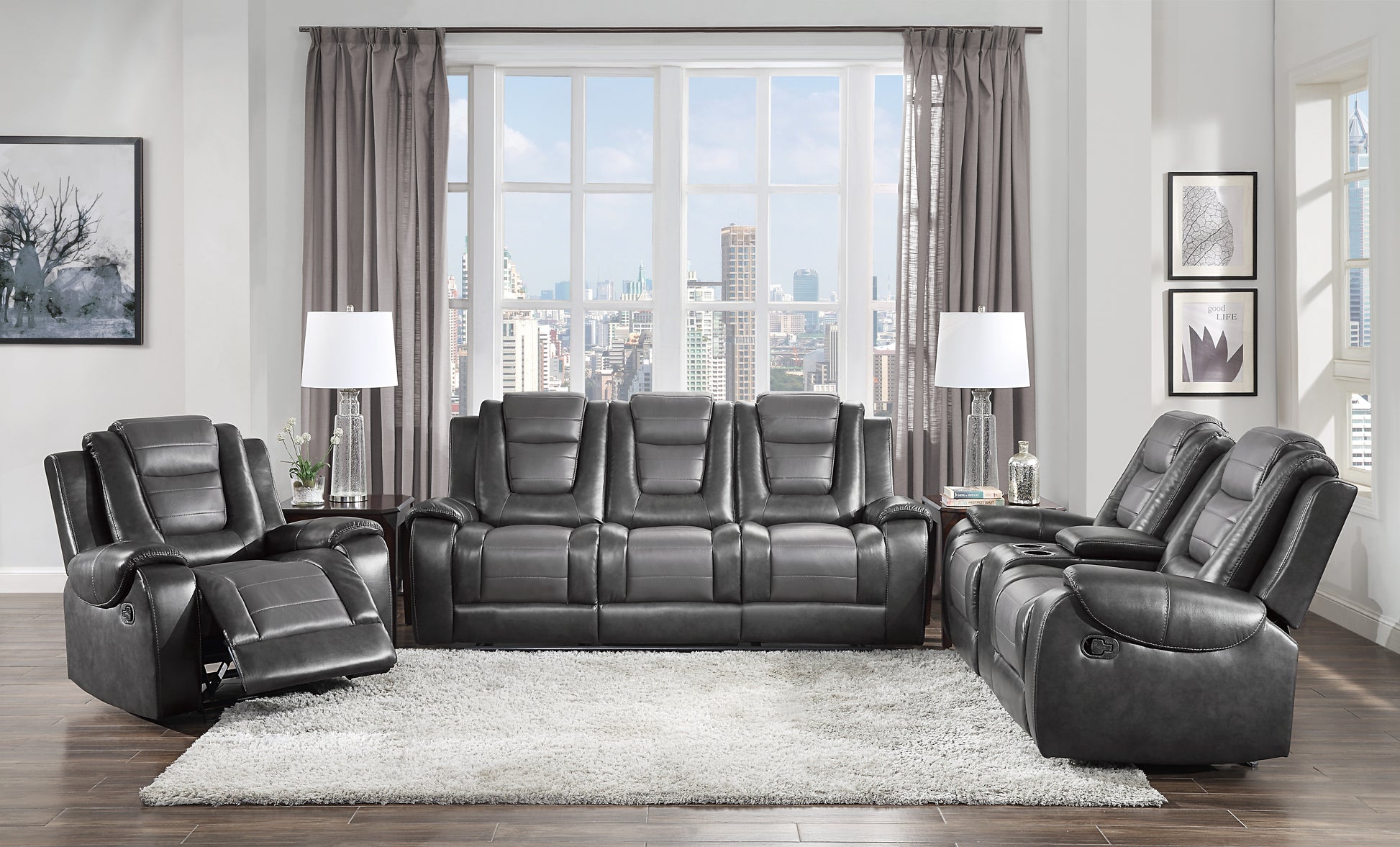Modern Luxury Living Room Sofa Set 3Pc Reclining Sofa Loveseat Glider Reclining Chair Formal Furniture Premium Faux Leather Upholstery Comfortable Two Tone Gray Finish Dark Gray,Light Gray Faux Leather Wood Primary Living Space Luxury,Modern