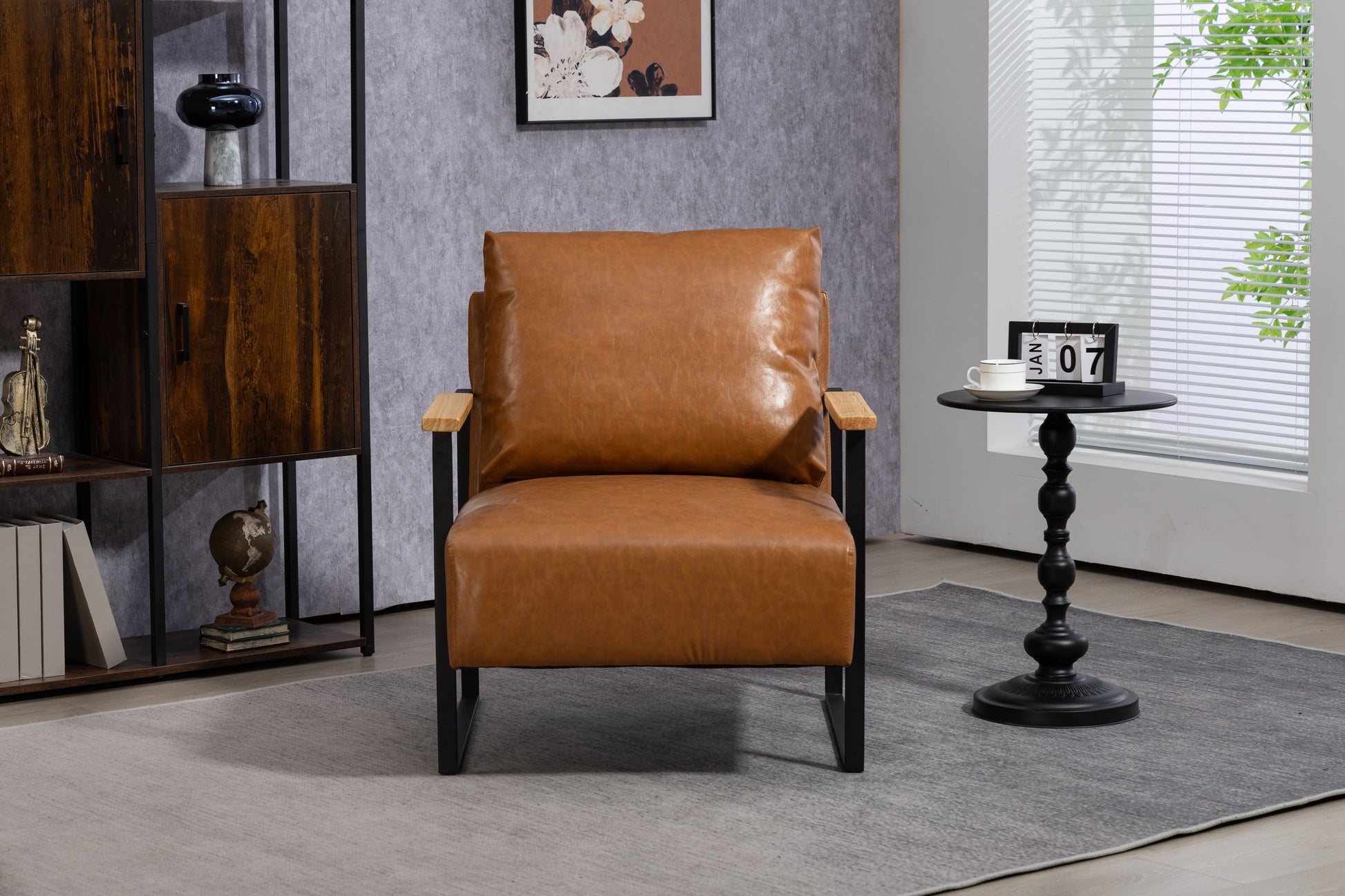 Leather Accent Chair Guest Chair For Living Room, Mid Century Armchair For Bedroom Brown Leather Brown Pu