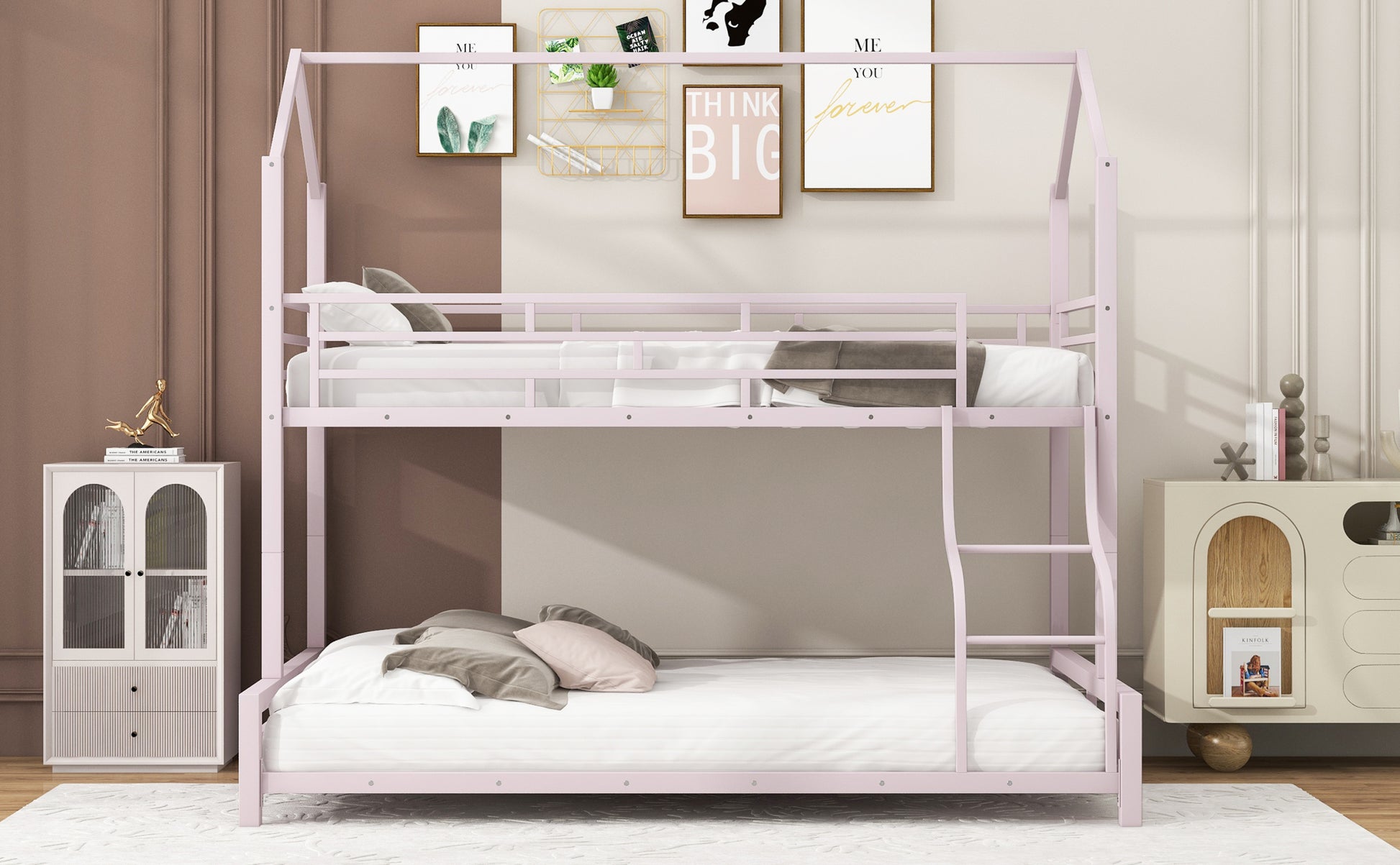 Metal House Bunk Bed, Twin Over Full, Pink Full Pink Metal