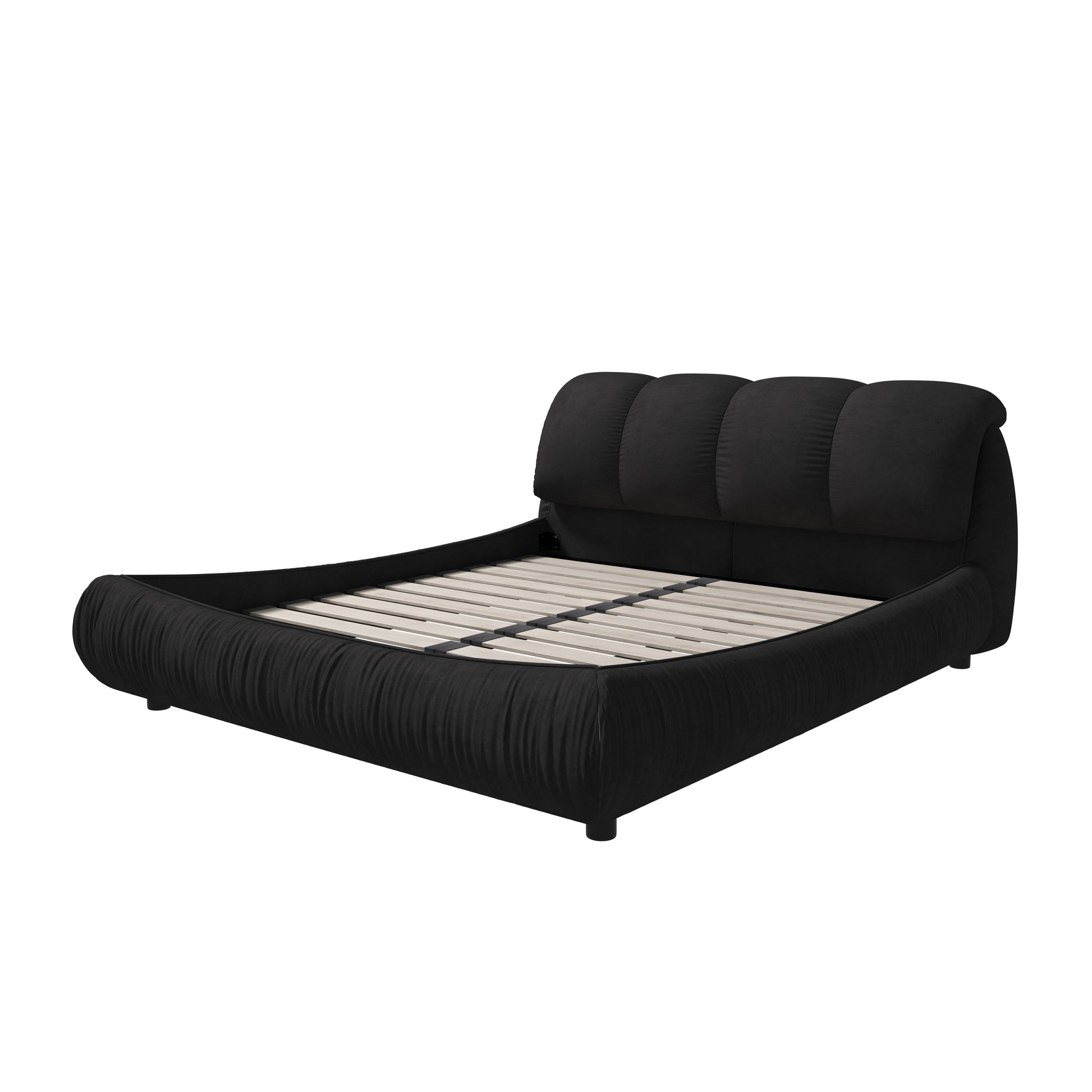 King Size Upholstered Platform Bed With Oversized Padded Backrest, Thickening Pinewooden Slats And Solid Wood Leg,Black Box Spring Not Required King Black Wood Pine Polyester Solid Wood