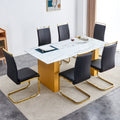 Table And Chair Set.Large Modern Rectangular Table With 0.4 Inch Patterned Glass Tabletop And Large Mdf Table Legs.Comes With 6 Chairs With Faux Leather Cushioned Seats And Golden Metal Legs. Gold White Seats 6 Mdf Glass