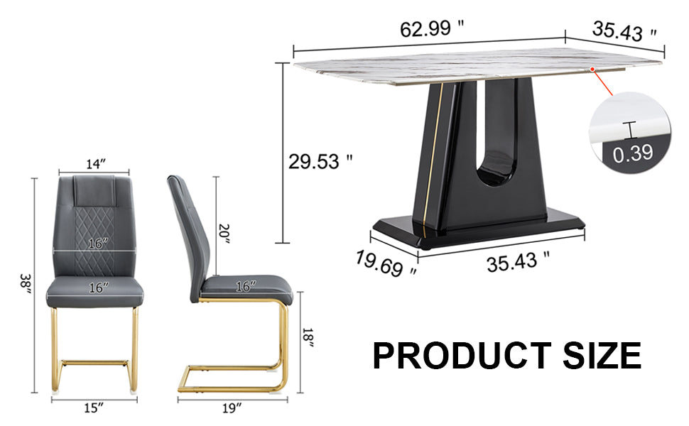 Table And Chair Set, Modern And Minimalist Dining Table, Imitation Marble Patterned Tabletop, Mdf Legs With U Shaped Brackets. Paired With Comfortable Chairs, Suitable For Dining And Living Rooms. Black Gold Mdf Glass
