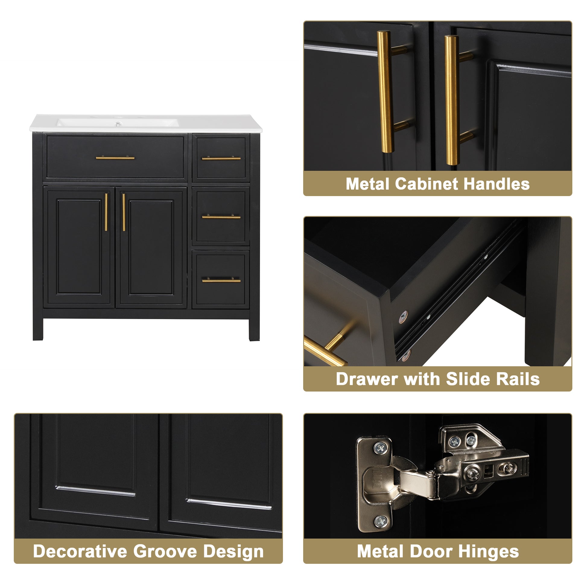 36" Bathroom Vanity With Sink Top, Bathroom Vanity Cabinet With Two Doors And Three Drawers, Solid Woodmdf Boards ,One Package, Black Black Solid Wood Mdf