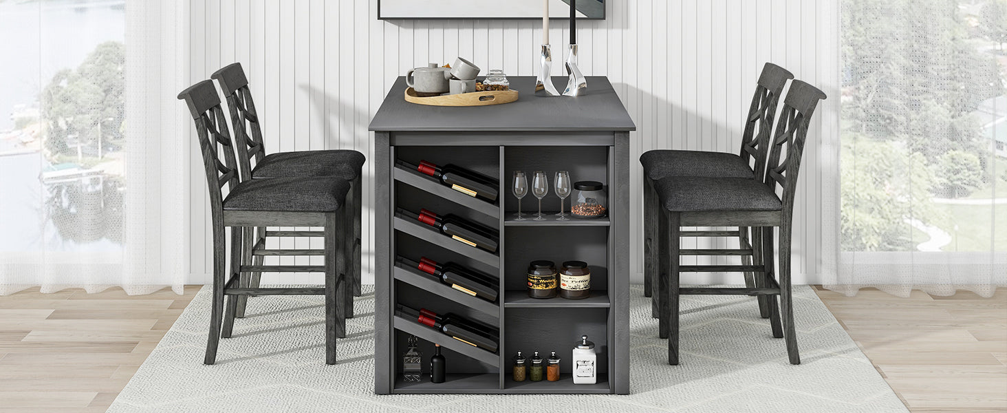 Updated Counter Height 5 Piece Solid Wood Dining Table Set, 59*35.4Inch Table With Curved Wine Rack And 4 Upholstered Chairs, Grey Wood Dining Room Solid Wood Rubberwood Rectangular Dining Table With Chair Wood Wood Grey Solid Back Seats 4 Farmhouse 4